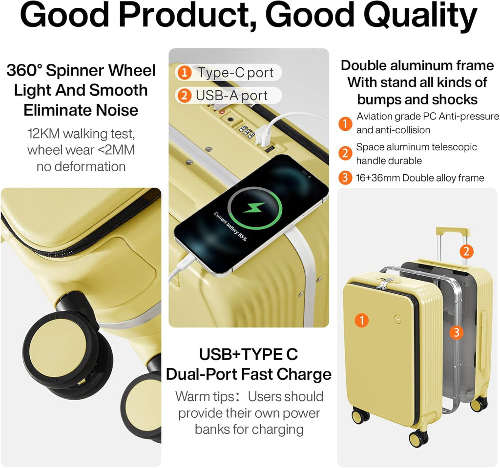 mixi Checked Luggage with Cup Phone Holder and Charger Hard Shell Suitcases with Spinner Wheels, 24 Inch Lark Yellow