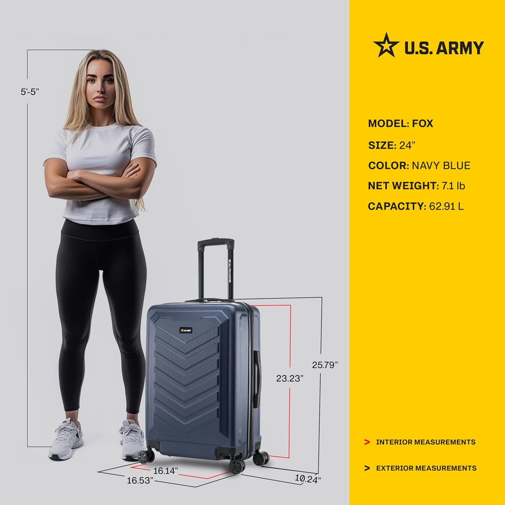 US Army Fox 24 inch Hardside Luggage with Spinner Wheels | Lightweight Medium Suitcase for Shorter Travel | Chevron Icon, Gel Handle, Side Studs, Retractable Trolley, Heavy Duty | Navy Blue