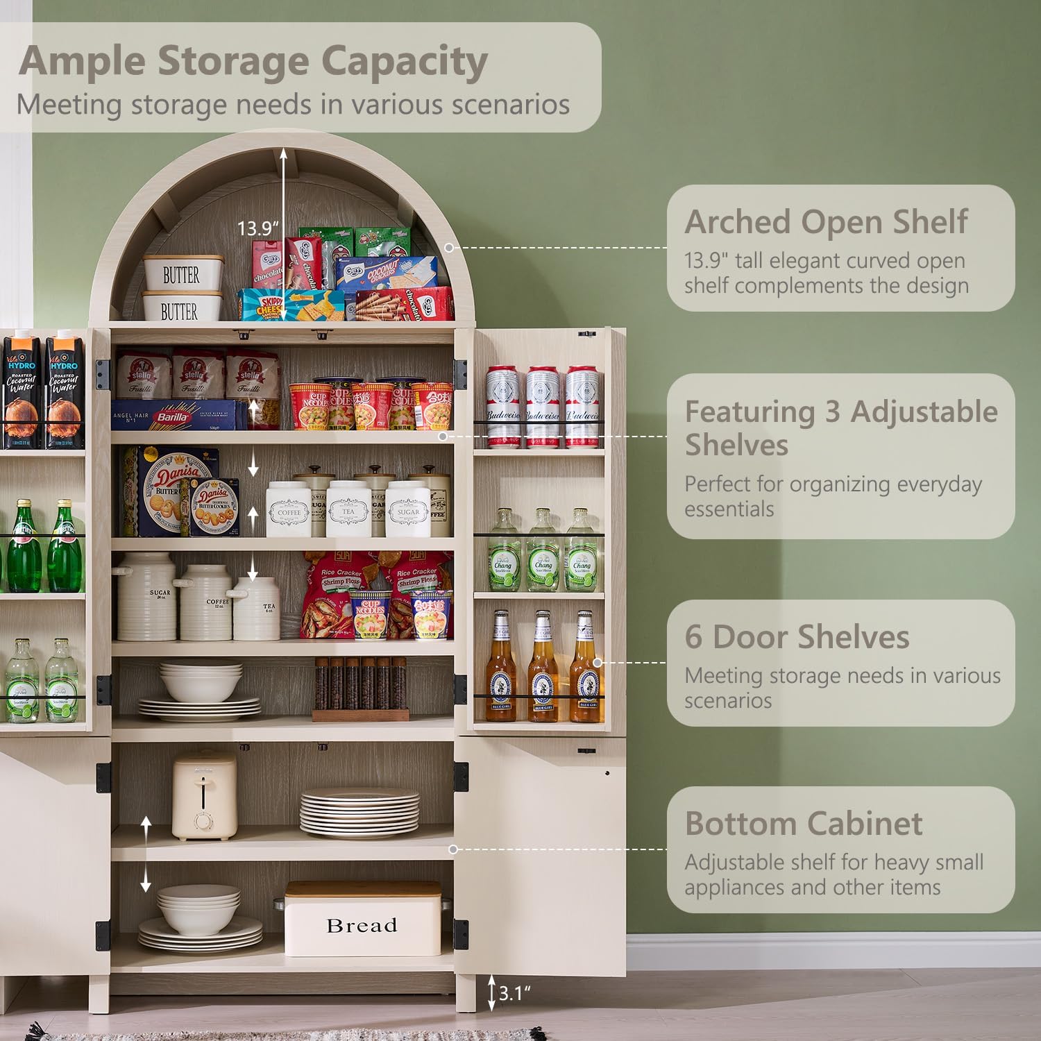 IFGET 71' Tall Arched Kitchen Pantry, Modern Fluted Wood Storage Cabinet with Doors, 3 Adjustable Shelves, 6 Door Shelves, Organizer, Versatile Cupboard for Kitchen, Bathroom, Cream