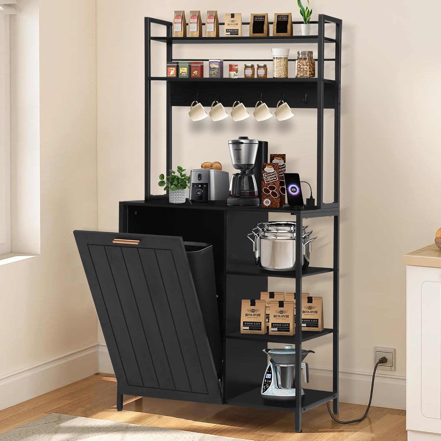 Kitchen Bakers Rack with Power Outlets, Microwave Oven Organizer with Tilt Out Trash Can Cabinet Storage Shelf 6 Tiers Coffee Bar Station Stand, Freestanding Rack with 6 Hooks for Sink Bathroom