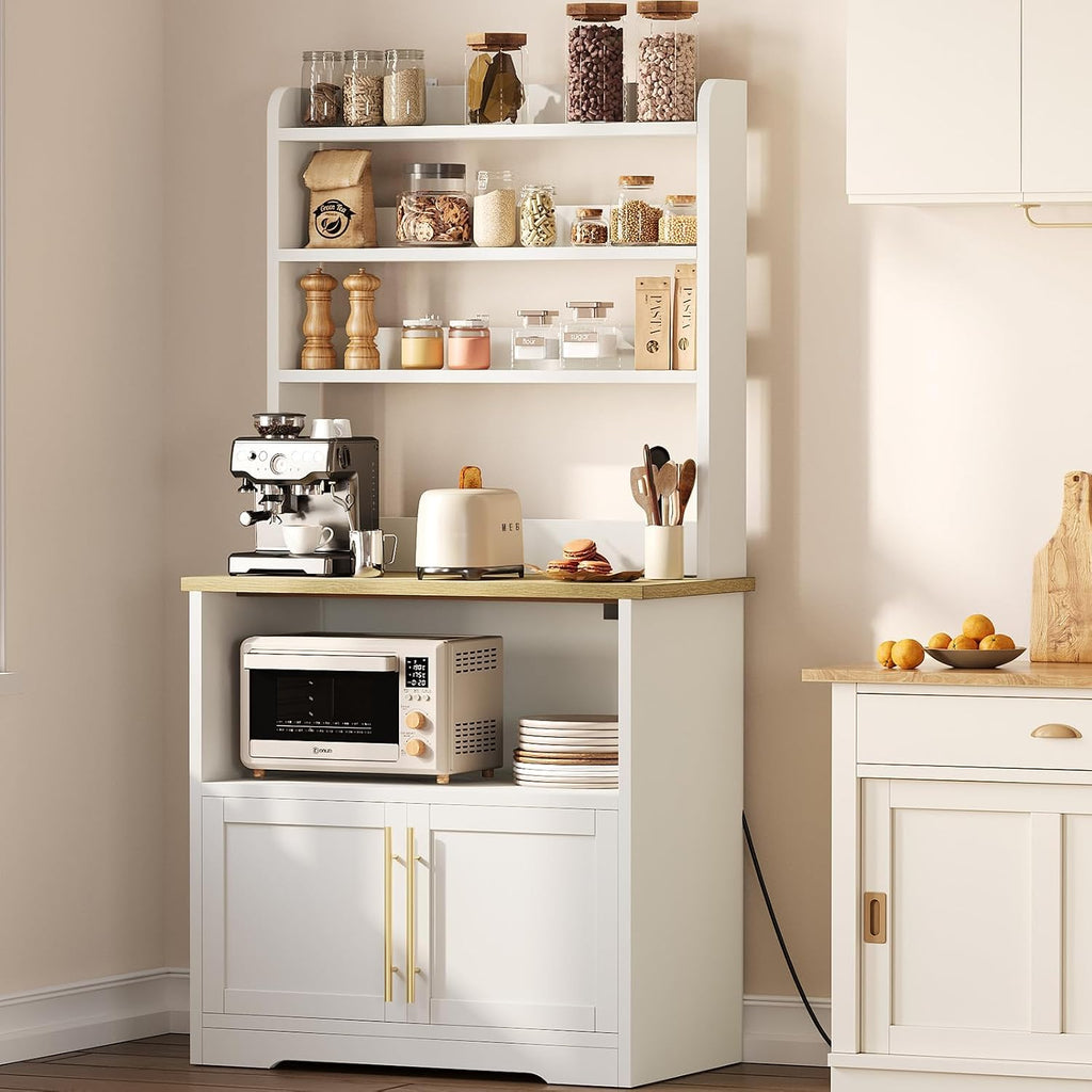 Bakers Rack With Storage Cabinet, Microwave Stand With Power Outlets, Farmhouse Bakers Rack With Thick Table Top, Thickened Counter, Coffee Bar Storage Shelves, Small Kitchen Bakers Rack