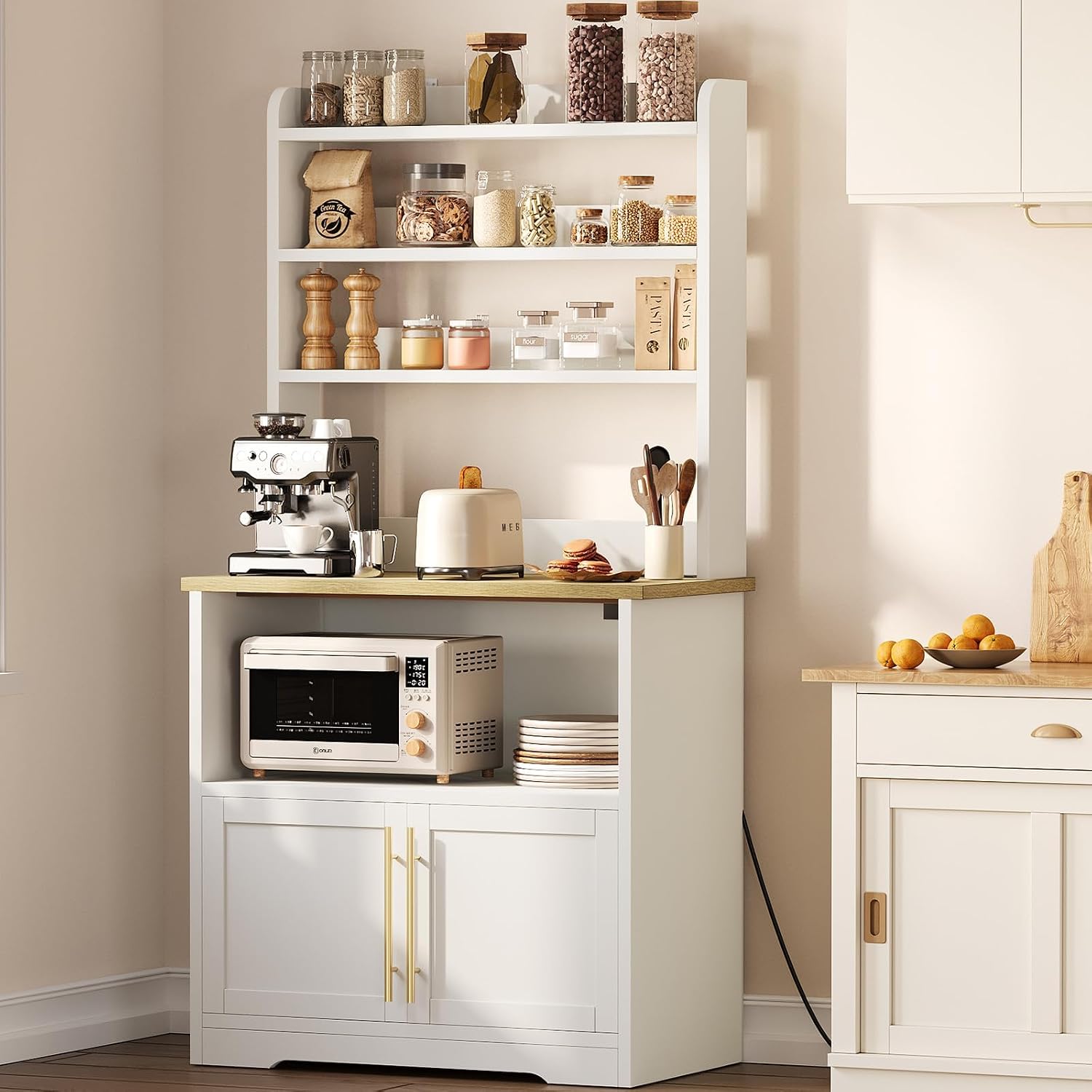 Kitchen Bakers Rack with Storage Cabinet, 5-Tier Microwave Stand with Power Outlets, Coffee Bar Station for Kitchen Dining Living Room
