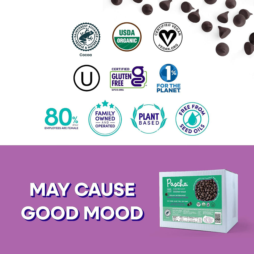 Pascha Organic 70% Cacao Bittersweet Dark Chocolate Chips with Coconut Sugar - Vegan, Non-GMO Bulk Baking Chips - Rainforest Alliance Certified - Allergen-Free (10 lbs)