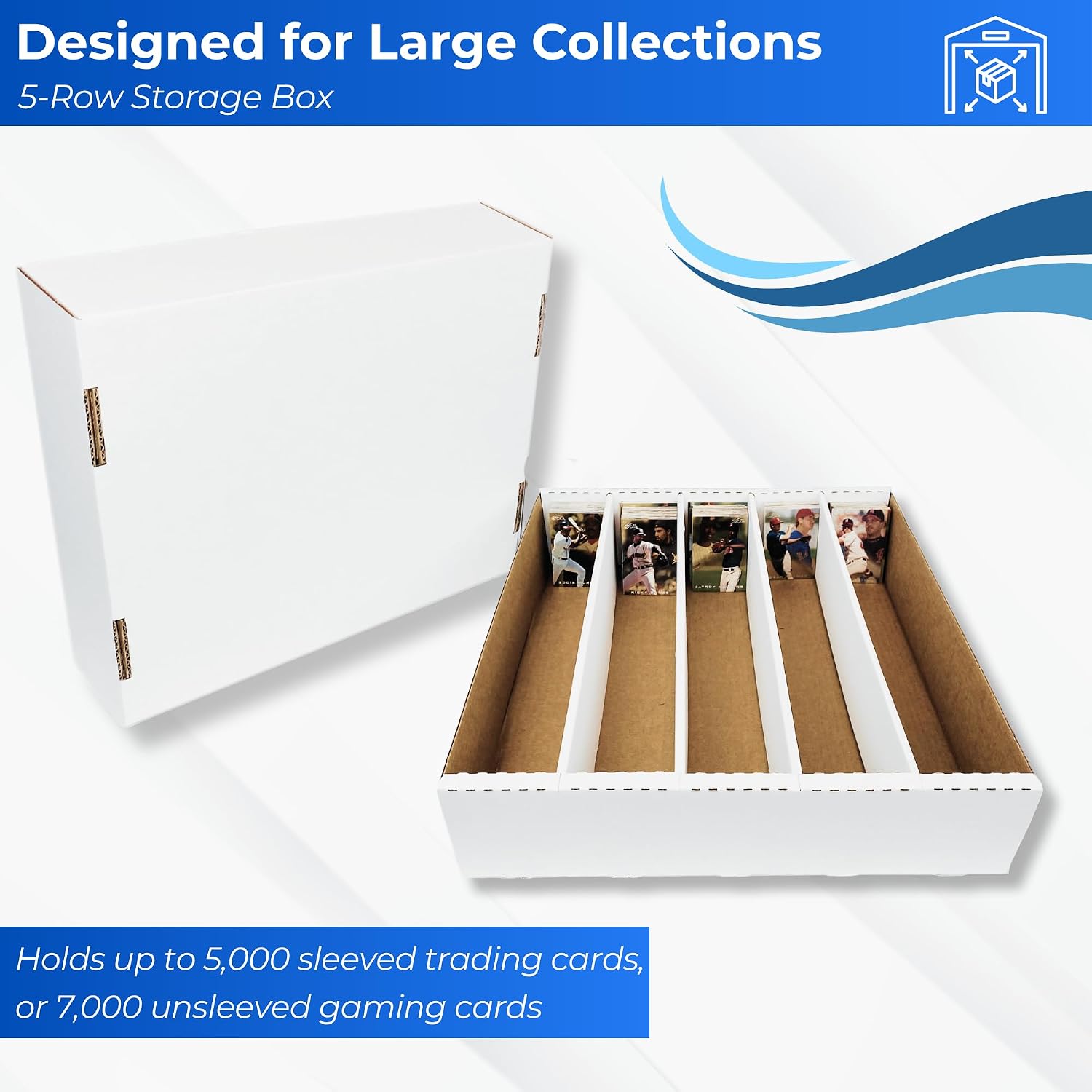 Max Protection 5-Row TCG Card Storage Box - 5000 Count Bulk Card Storage Box for Trading, Sports, Gaming, Baseball Cards - Durable White Corrugated Organizer Boxes 200 lb. - Made in USA (25 Boxes)