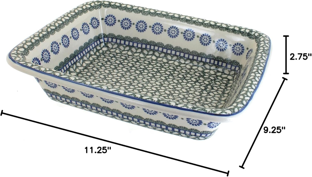 Blue Rose Polish Pottery - Green Maia Small Rectangular Baker - 11.25' x 9.25' - Unique, Dishwasher Safe, & Durable Bakeware