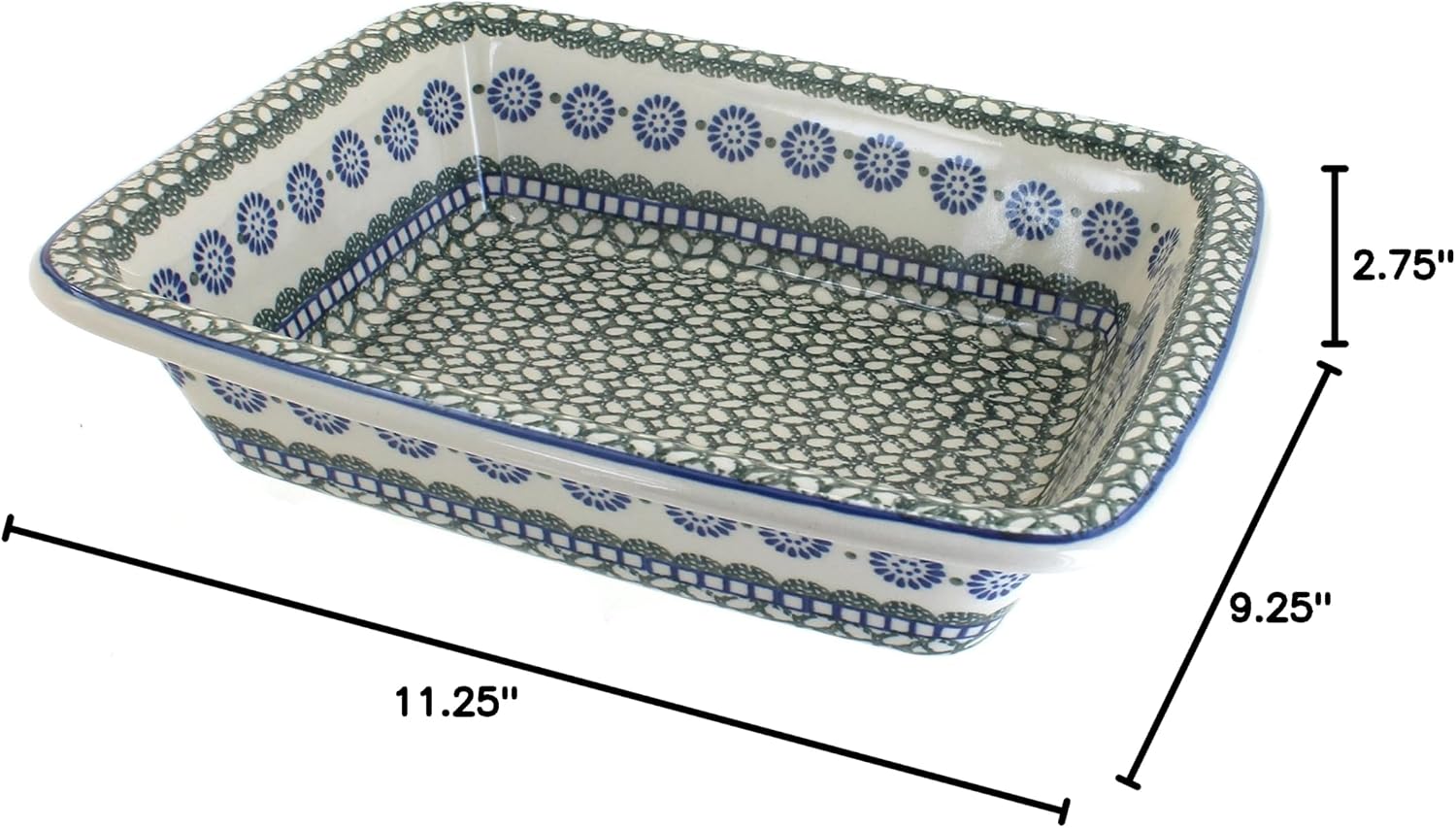 Blue Rose Polish Pottery - Green Maia Small Rectangular Baker - 11.25' x 9.25' - Unique, Dishwasher Safe, & Durable Bakeware