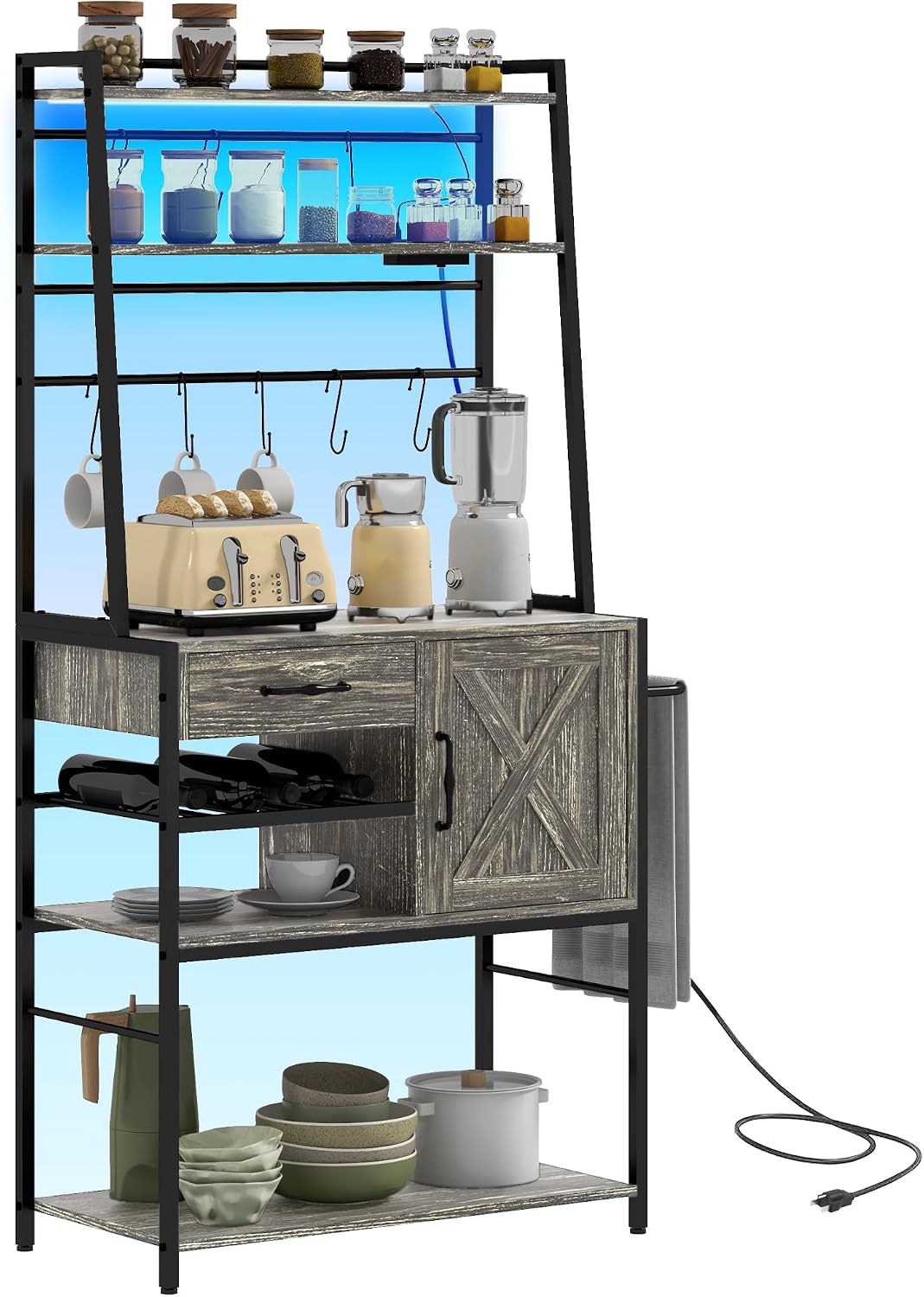 Baker's Rack with Power Outlet and LED Lights, Coffee Bar with Storage Shelves, Industrial Microwave Stand with Wine Bottle Rack, Drawer, Barn Door Cabinet, Distressed Gray