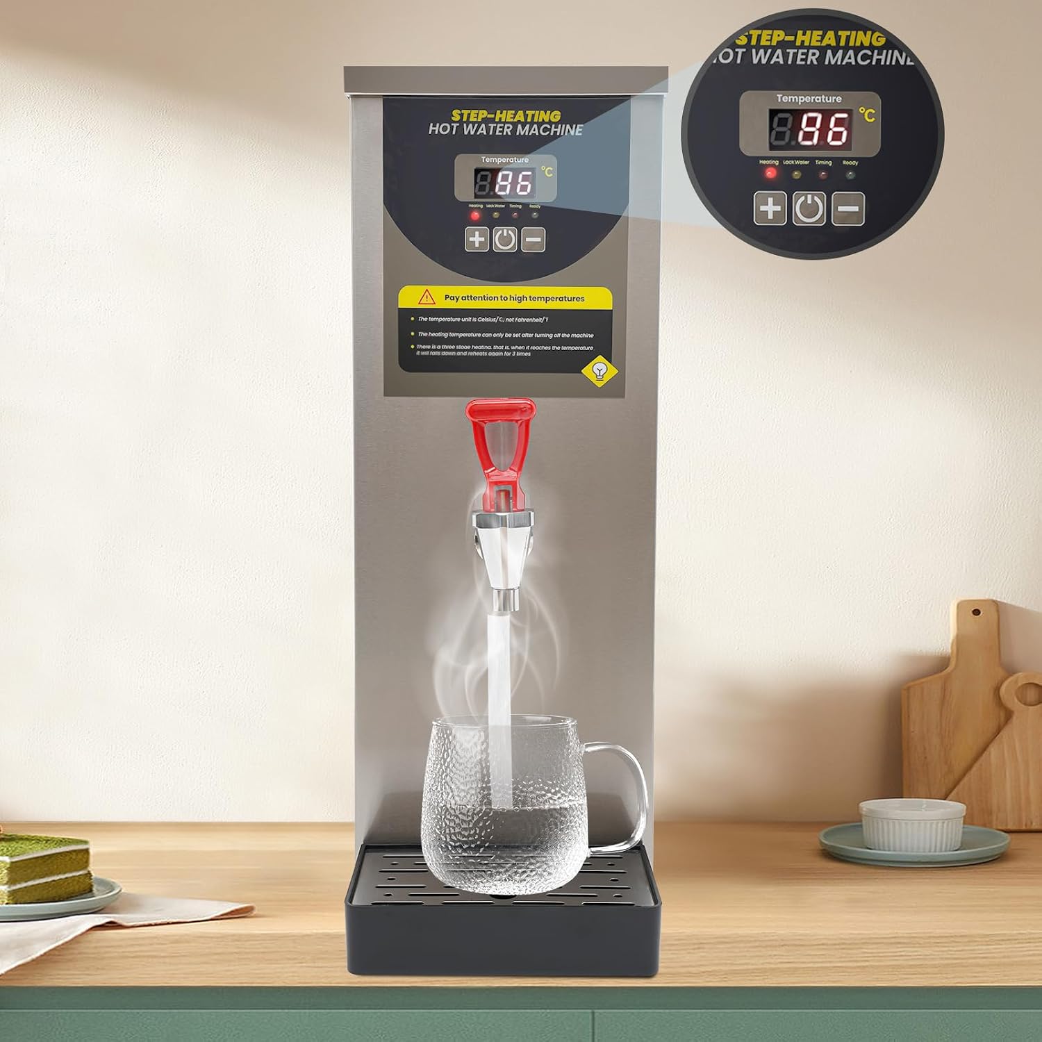 Electric Water Boiler, Commercial Hot Water Dispenser, 304 Stainless Steel Liner, Water Boiling Machine LCD Display, 8L Commercial Water Boiler for Coffee Tea Milk (8L/Silver)