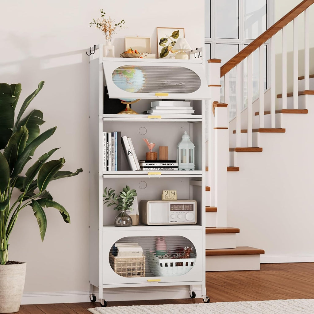 Kitchen Pantry Storage Cabinet,5 Tier Rolling Microwave Stand, Bakers Rack,Metal Pantry Cabinet with 4 Flip-up Doors for Kitchen,Living Room,Study (White)