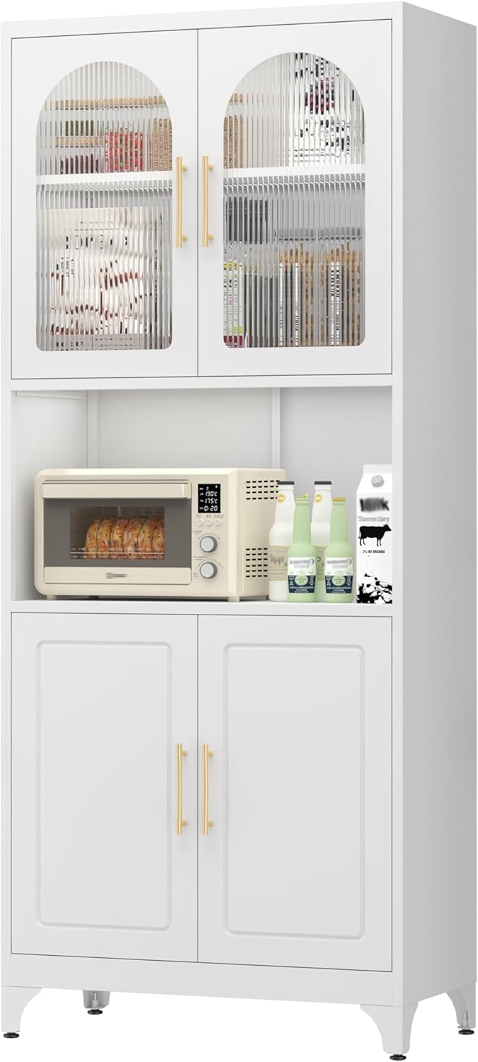 SteeLoong Metal Kitchen Pantry Storage Cabinet，75' Tall Storage Cabinets with 4 Doors and Adjustable Shelves ，White Hutch Cabinet with Microwave Stand,Large Kitchen Cupboard for Dining Room