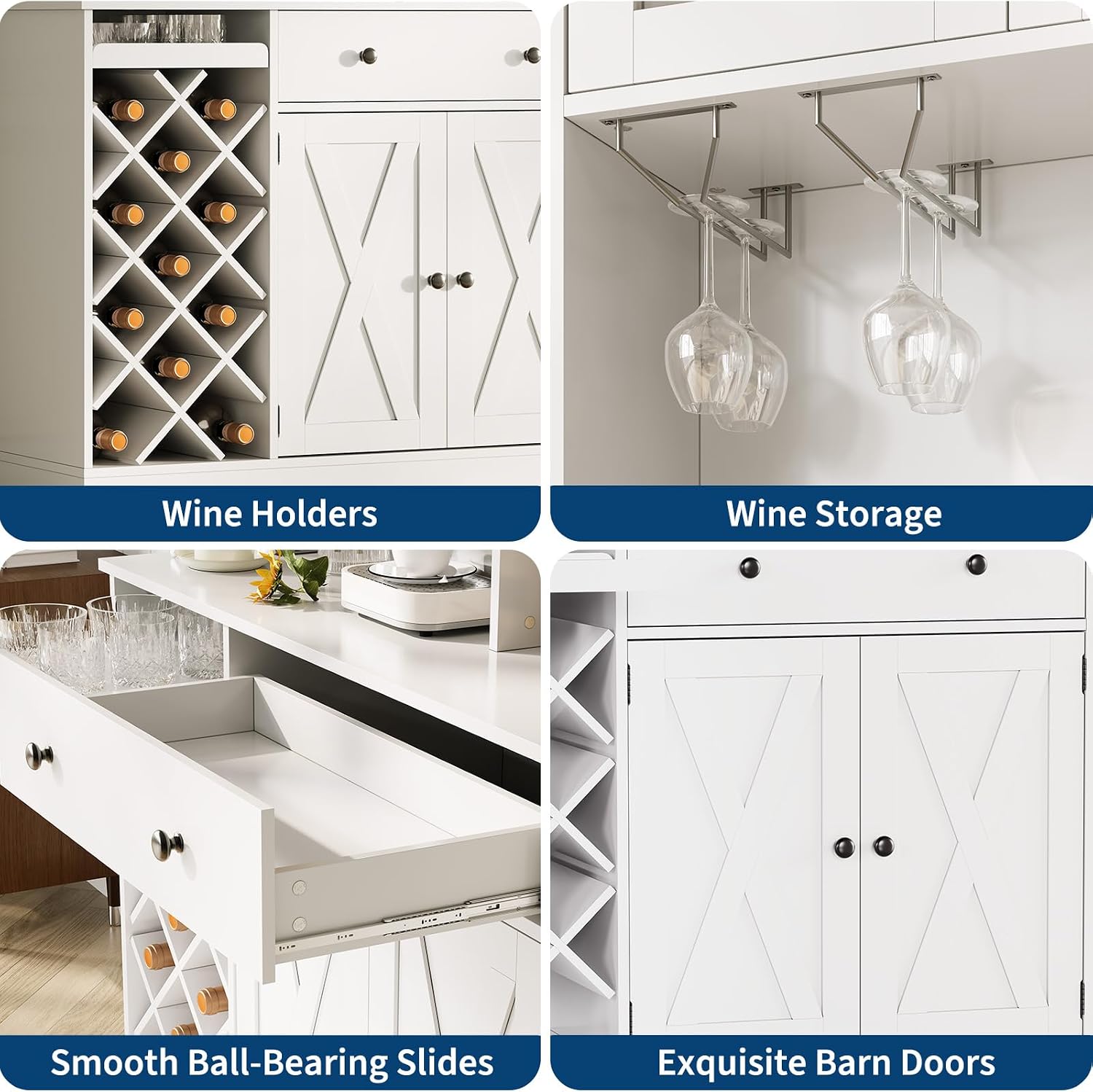 Coffee Bar Cabinet with Power Outlet & Exquisite Barn Doors, 72'' Sideboard Buffet Cabinet with Wine Bottle Rack, Large Kitchen Buffet with Storage and Wine Rack for Kitchen, Dining Room, Living Room
