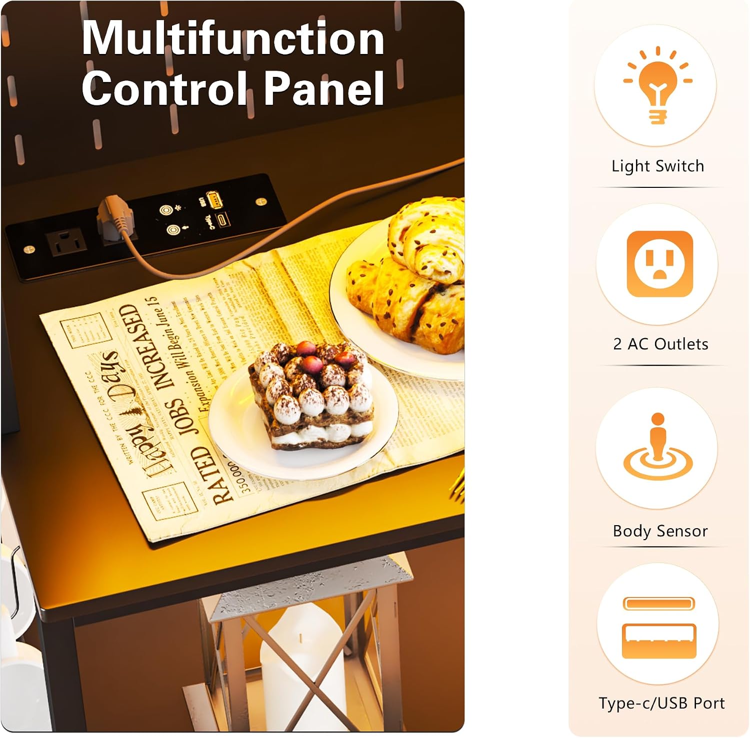 67'' LED Kitchen Pantry Cabinet with Pegboard, 3 Color Dimmable Bakers Rack with Charging Station Adjustable Shelves and Hooks, Microwave Stand with Storage