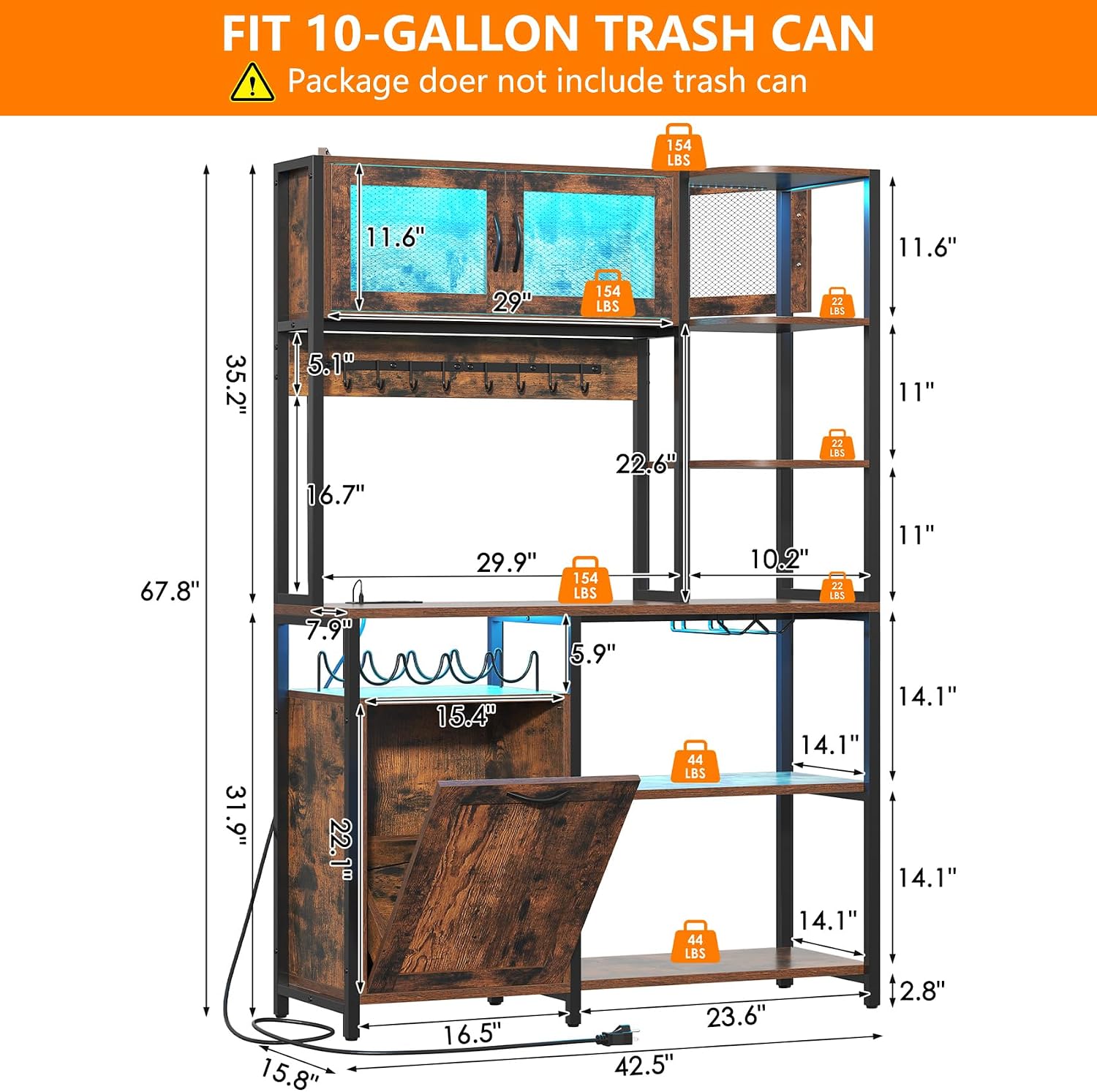 Bakers Rack with Power Outlet and LED Light, 6-Tier Commercial Bakery Racks, Kitchen Microwave Stand with Storage Cabinet, Kitchen Tilt Out Trash Cabinet, 15.8' D x 42.5' W x 67.8' H, Brown