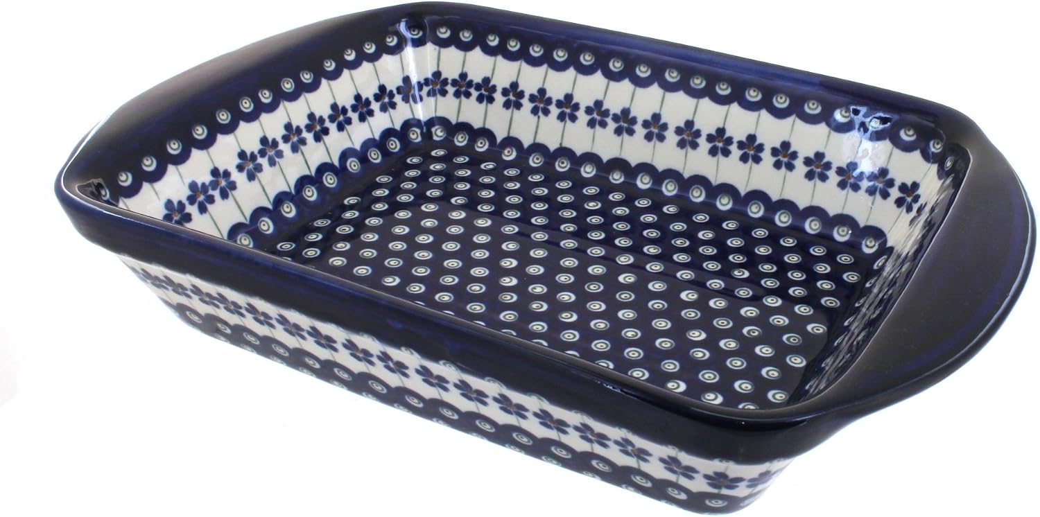 Blue Rose Polish Pottery - Blue Flowering Peacock Rectangular Baker with Handles - 11.5' x 9.25' - Unique, Dishwasher Safe, & Durable Bakeware