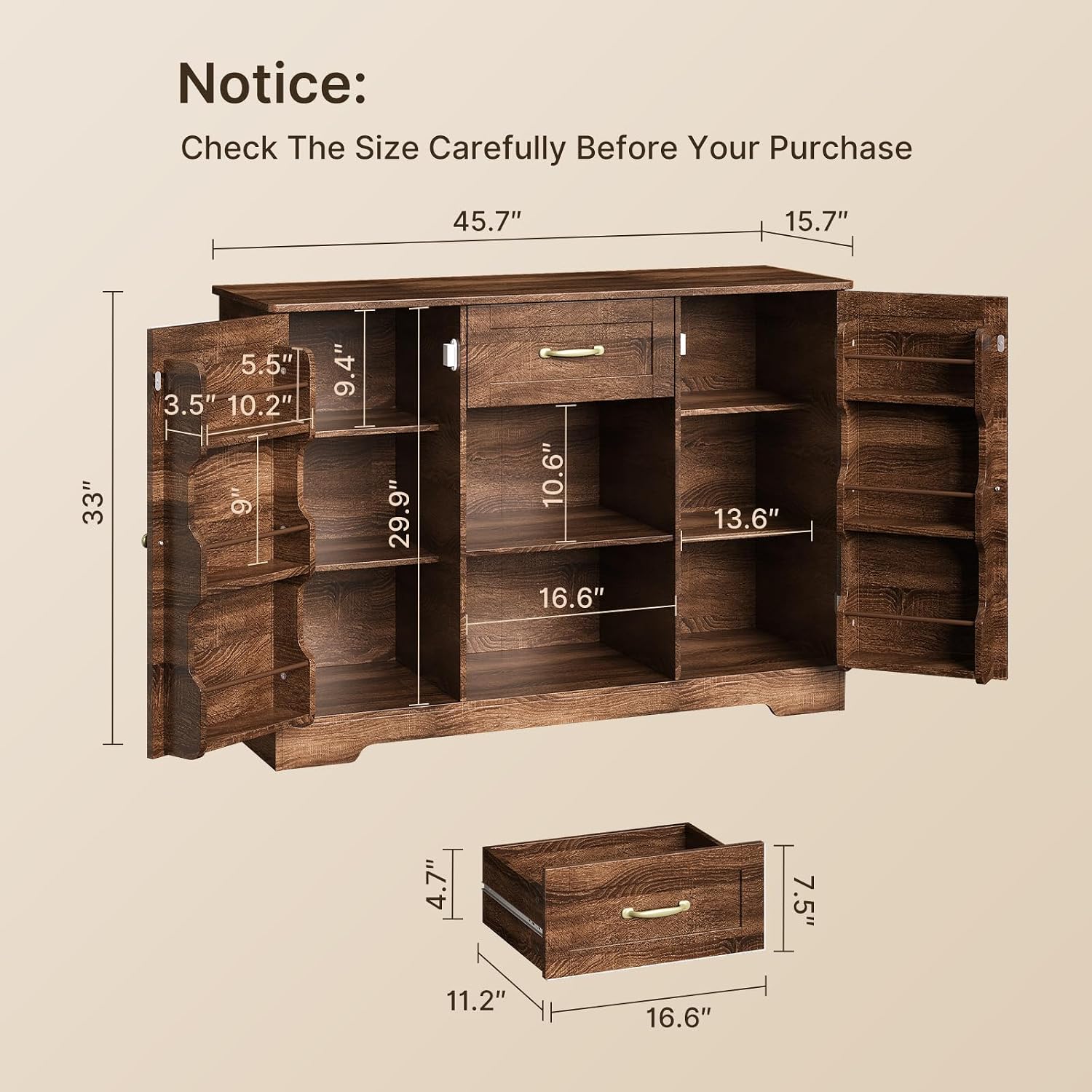 Gizoon 45' Kitchen Sideboard Buffet Cabinet with Storage Coffee Bar Cabinet with Drawer, Kitchen Pantry Storage with Door and Shelves for Bathroom and Living Room, Dark Brown