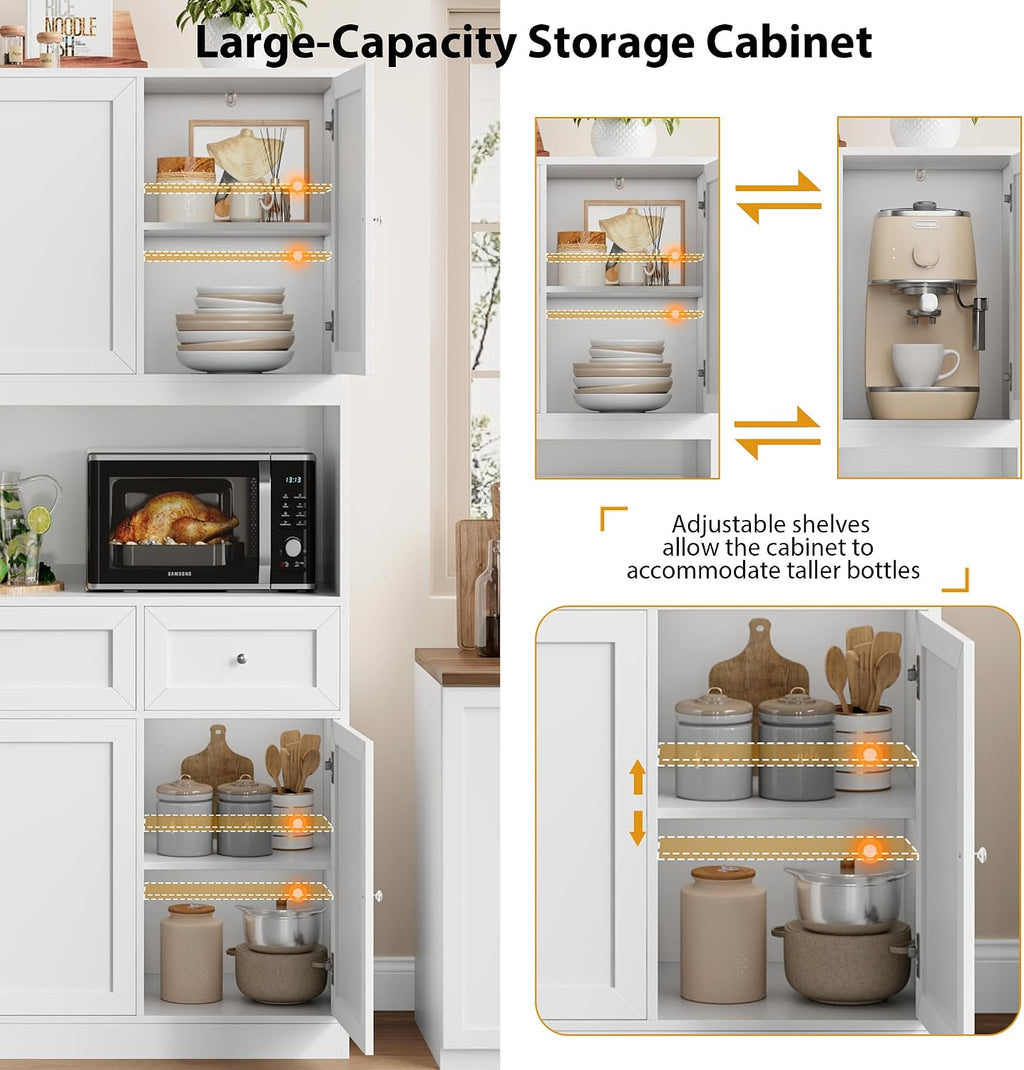 BOTLOG 72' Kitchen Pantry Cabinet, Kitchen Hutch with Microwave Stand, Buffet Cabinet with Hutch for Dining Room, White