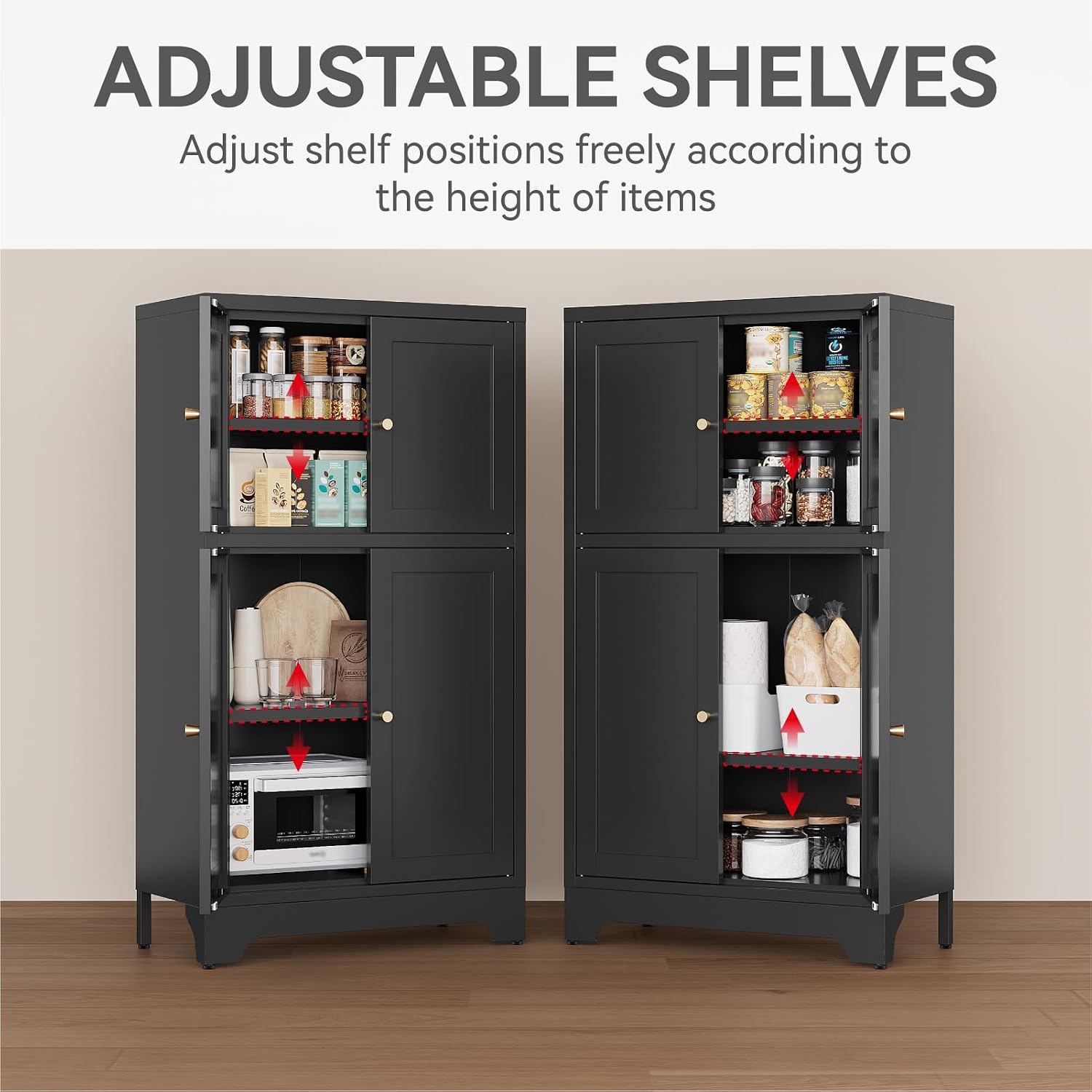 Metal Bathroom Storage Cabinet, Freestanding Pantry Floor Cabinet with 4 Doors and 2 Adjustable Shelves for Living Room, Dining Room, Kitchen