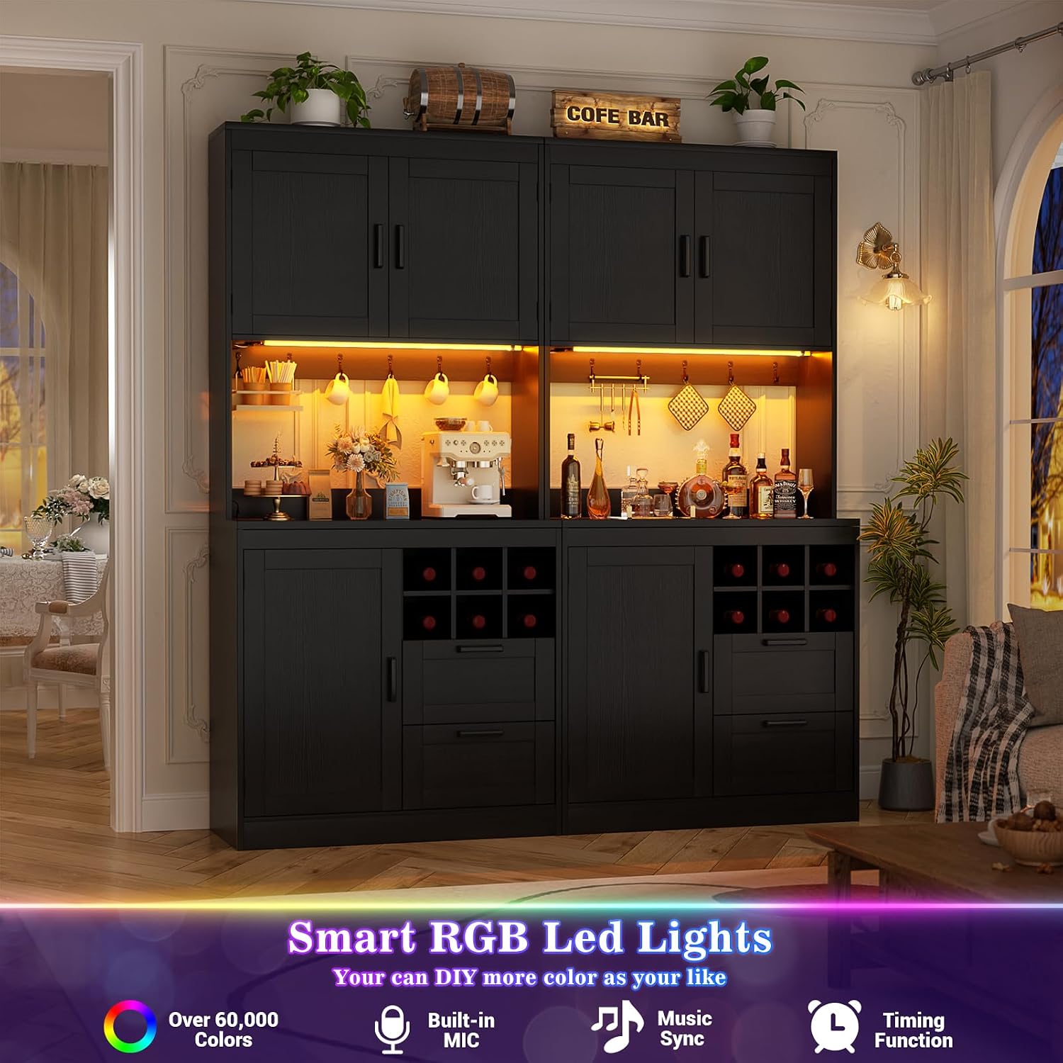 Unikito 72' Tall Pantry Cabinet, Kitchen Pantry Storage Cabinet with LED Light & Outlet, 63' Wide Kitchen Hutch Bar with Microwave Stand, Drawers, Wine Rack & Shelves, Cupboard for Dining Room, Black