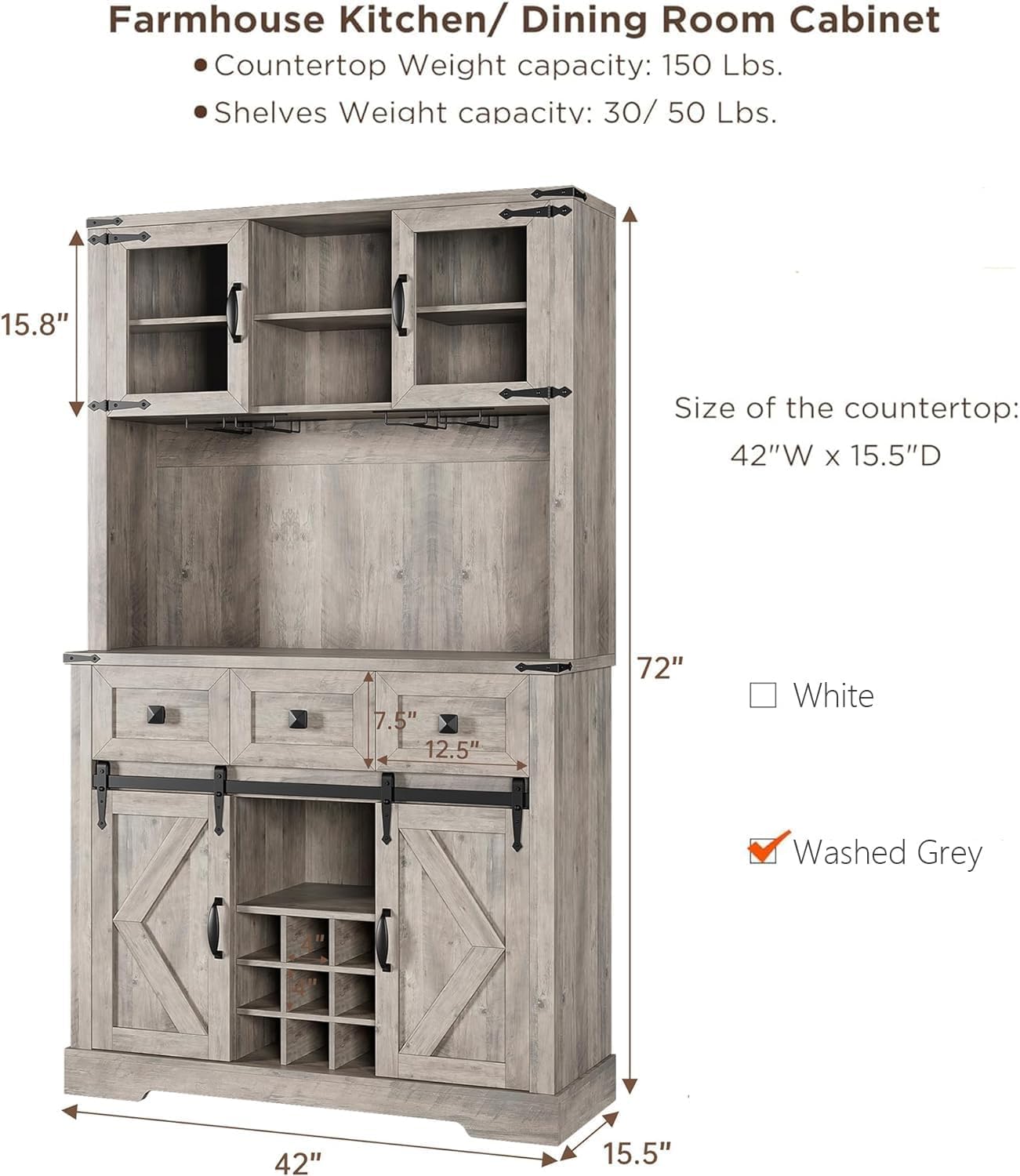 72 in Farmhouse Bar Cabinet with Sliding Barn Door, Tall Kitchen Buffet with Storage Hutch and 3 Drawer, Rustic Coffee Wine Bar Sideboard with Wine & Glasses Rack, for Living Room, Washed Grey