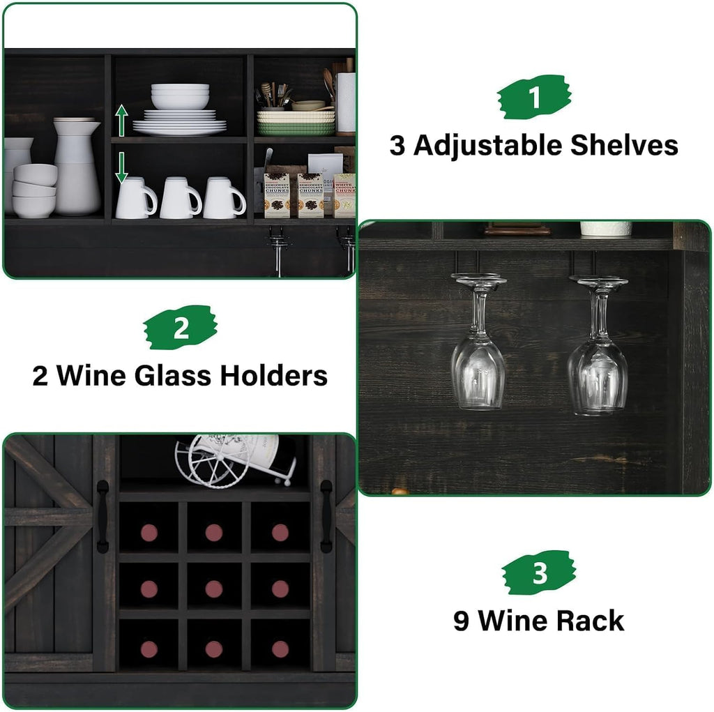 Farmhouse Coffee Bar Cabinet with Wine Rack, 72 'Tall Kitchen Storage Cabinet with 3 Drawers, 9-Bottle Wine Holder, 6 Hooks, Sliding Barn Doors and Adjustable Shelves, for Dining Room, Rustic Oak
