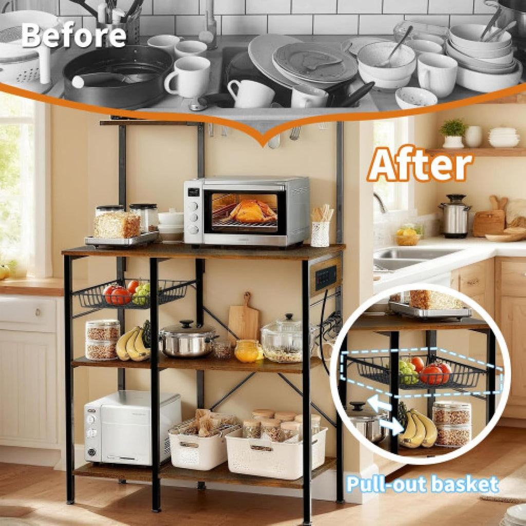 Kitchen Bakers Rack with Power Outlet Microwave Stand Freestanding Coffee Bar with Wire Basket Metal Bakers Rack for Spices Pots