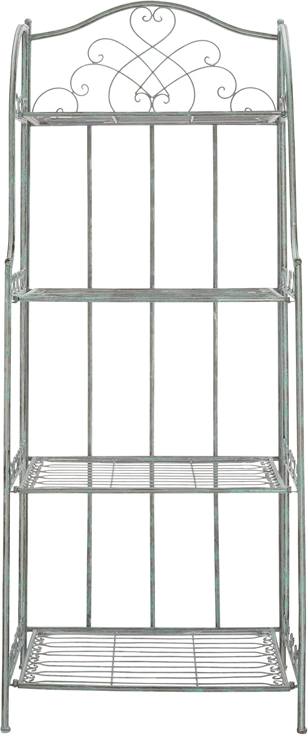 SAFAVIEH Outdoor - Amaris 4-Tier Bakers Rack - Antique Dark Green Iron Metal - Vintage Victorian Scrollwork - Ideal for Patio, Deck, Porch, Sunroom, 14.5' W x 25' D x 63' H (PAT5014D)
