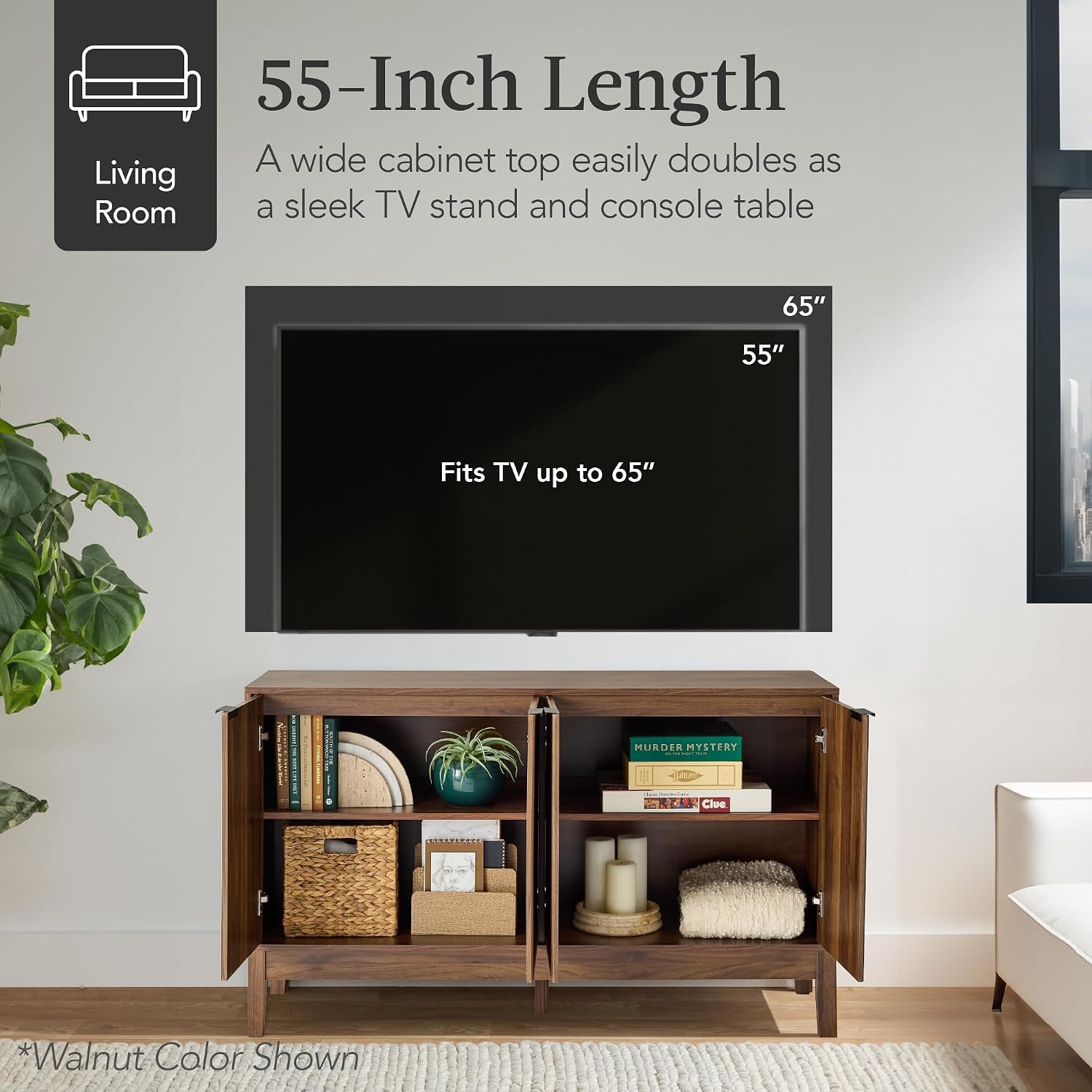 Best Choice Products 55' Modern 4-Door Sideboard Storage Cabinet, Buffet, Media Cabinet, Cupboard, Entryway Accent Table, Bookcase w/Reed Panels and Adjustable Shelves - Black