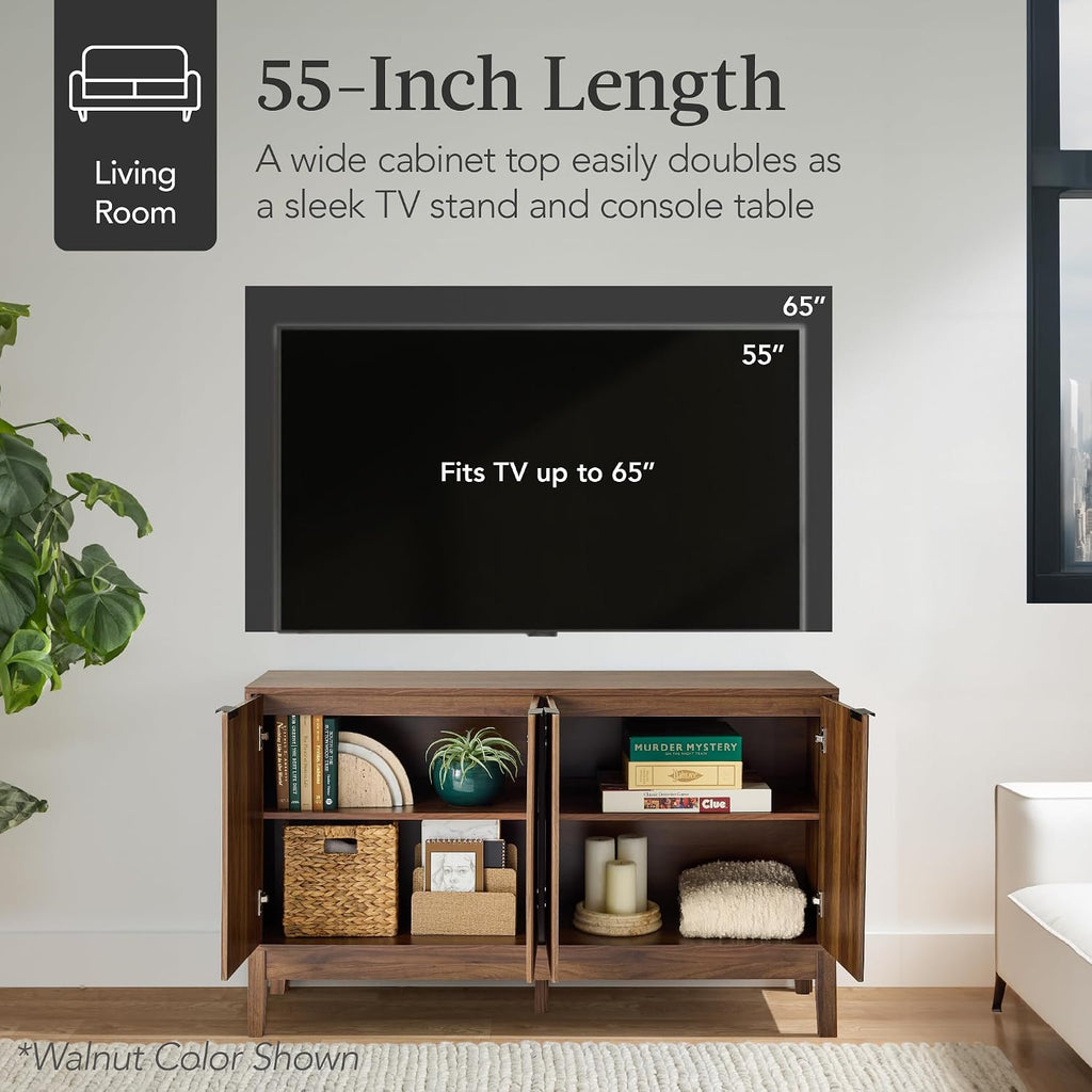 Best Choice Products 55' Modern 4-Door Sideboard Storage Cabinet, Buffet, Media Cabinet, Cupboard, Entryway Accent Table, Bookcase w/Reed Panels and Adjustable Shelves – Natural
