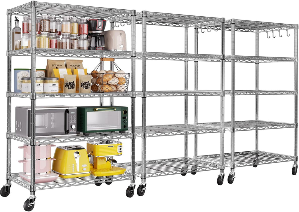 PrimeZone 3 Pack Steel Storage Wire Shelving 5 Tier Metal Shelves with Wheels,Adjustable Kitchen Utility Shelving Unit,Pantry Rack Rolling Metal Shelf Laundry,Chrome 24' Wx18 Dx75 H