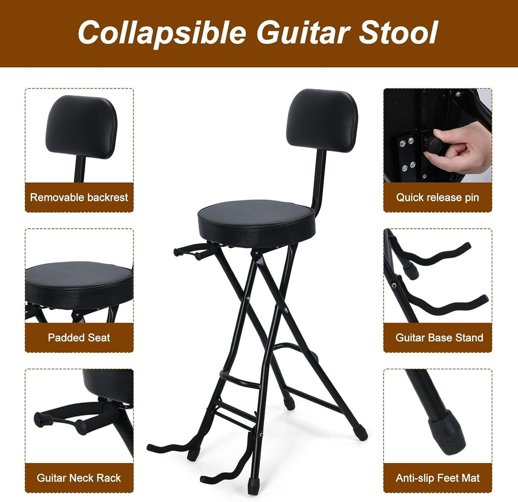 Guitar Stool with Padded Cushion,Folding Chair with Base Stand, Removable Backrest Non-Slip Rubber Feet, Fits Acoustic & Electric Guitars Black