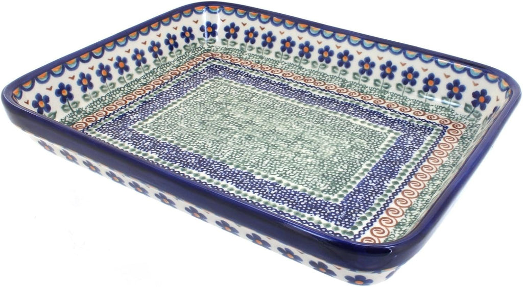 Blue Rose Polish Pottery - Brown Aztec Flower Medium Rectangular Baker - 12' x 9.25' - Unique, Dishwasher Safe, & Durable Bakeware