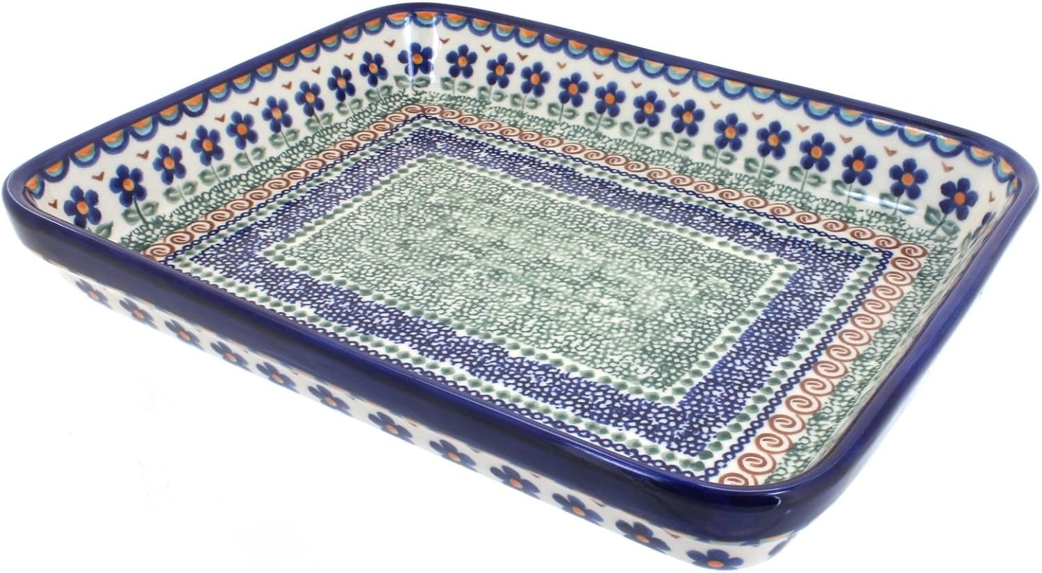 Blue Rose Polish Pottery - Brown Aztec Flower Medium Rectangular Baker - 12' x 9.25' - Unique, Dishwasher Safe, & Durable Bakeware