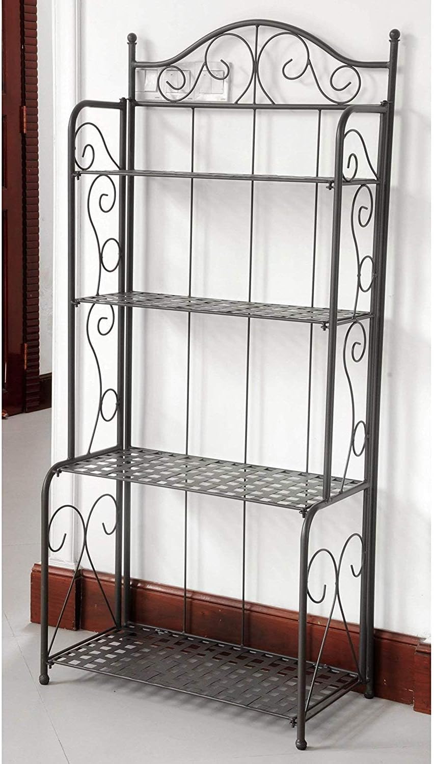 Pemberly Row 4 Tier Iron Bakers Rack, Matte Brown Finish, 59' H x 26' W x 14' D, Powder Coated All-Weather Design, Folding Storage, UV Resistant Outdoor or Indoor Kitchen Display Unit