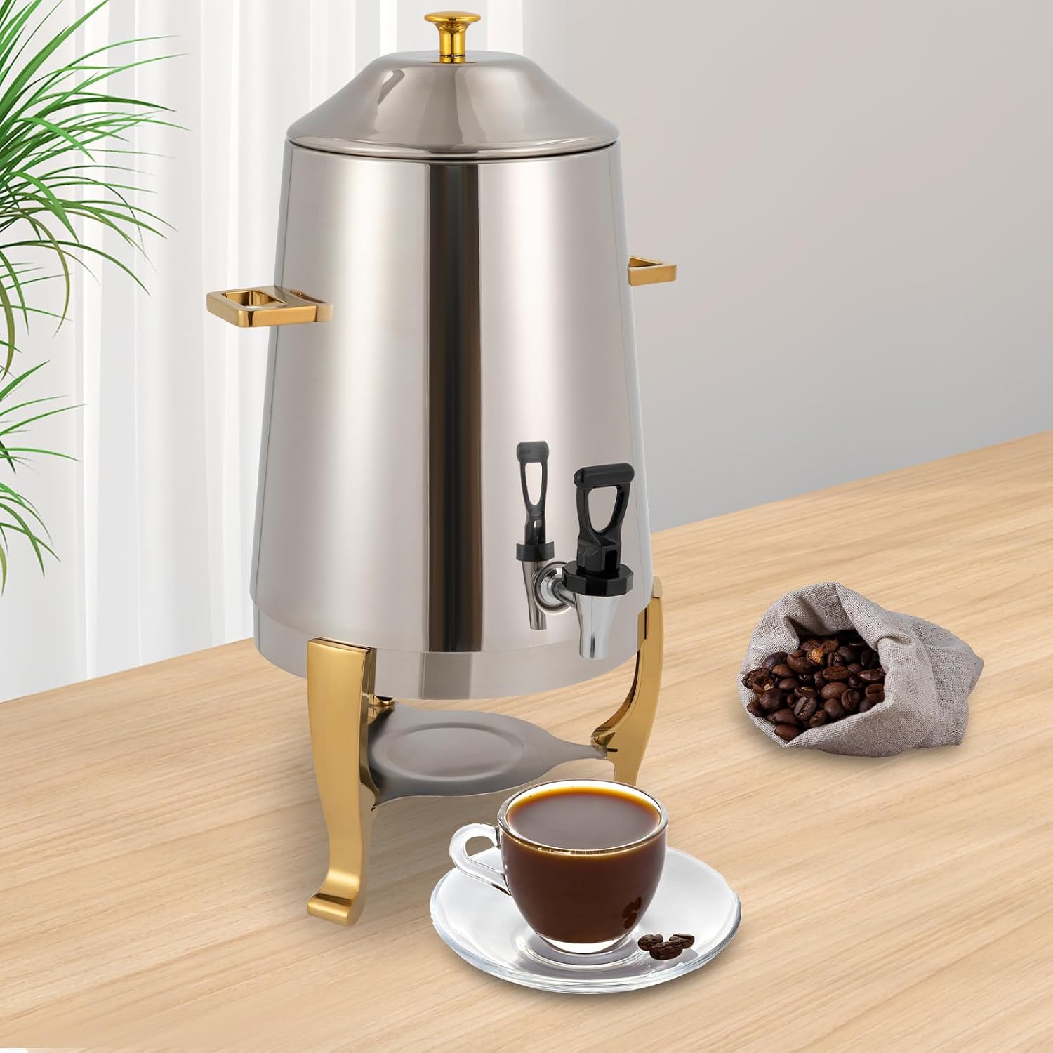 13L Hot Beverage Dispenser, Hot Drinks Dispenser, Coffee Chafe, Urn Hot Drinks Dispenser with Spigot, Commercial Grade Stainless Steel Coffee Maker Hot Water Urn for Catering Buffet (Gold)