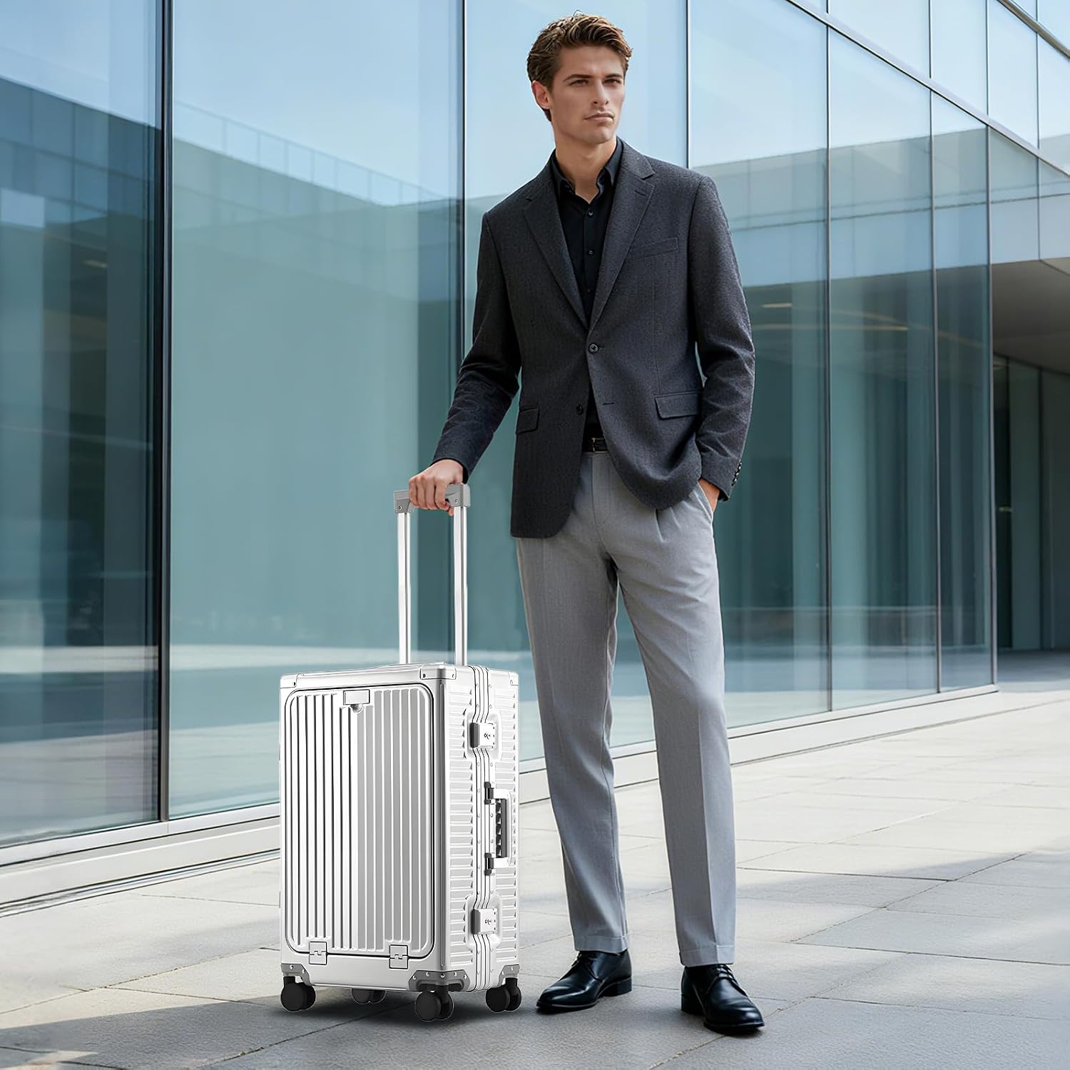 YYW All Aluminium Luggage With Spinner Wheels Lightweight PC hardside Rolling Suitcase, Built-In TSA lock Carry on Suitcase, with Cup Holder, USB Port, Phone Holder (Silver,24inch/39x25x65cm)