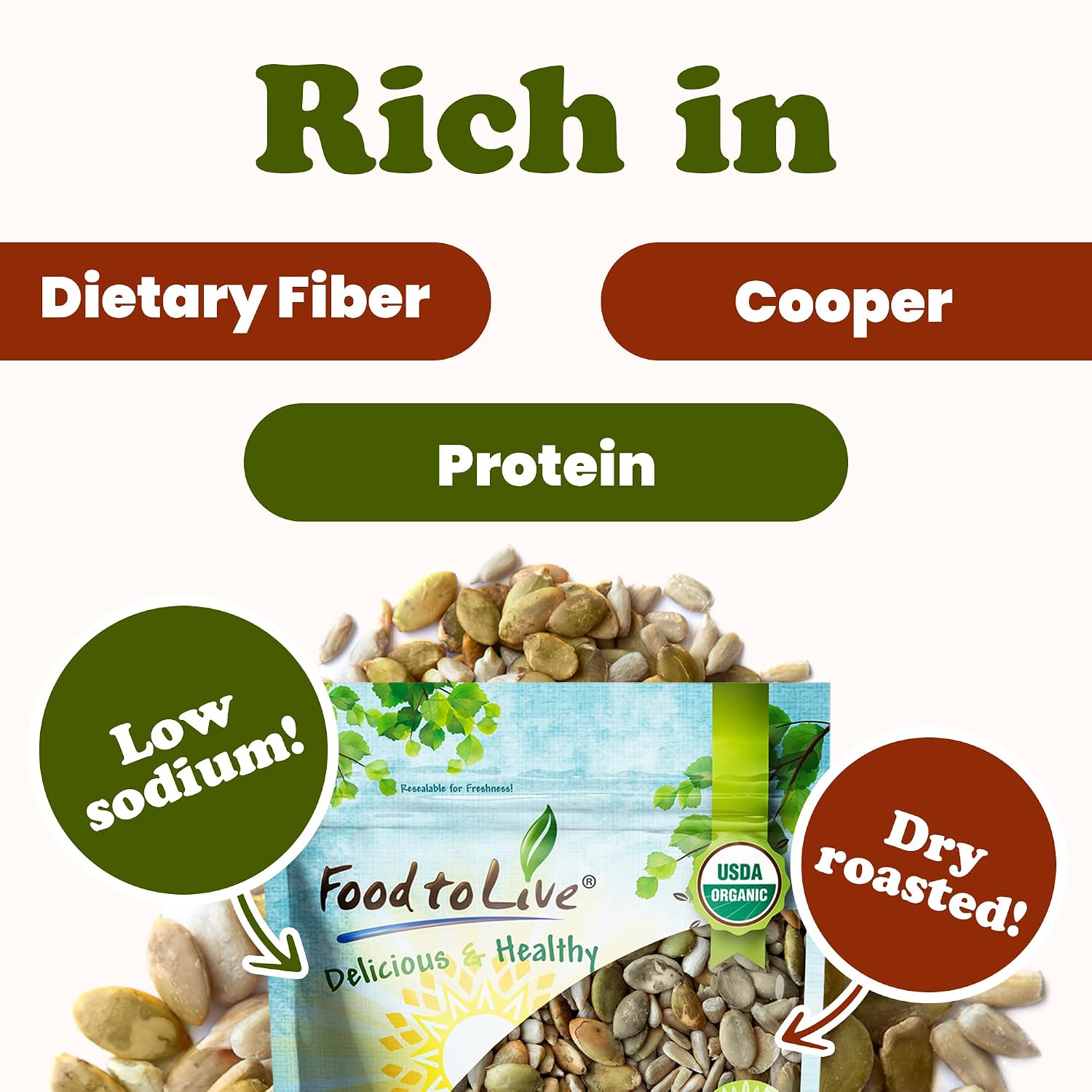 Food to Live Organic Dry Roasted Sunflower and Pumpkin Seed Mix, 16 Pounds – Oven Roasted, No Oil added, Healthy, Natural Snack, Rich in Protein, Perfect for Baking and Salads, Vegan, Kosher, Bulk
