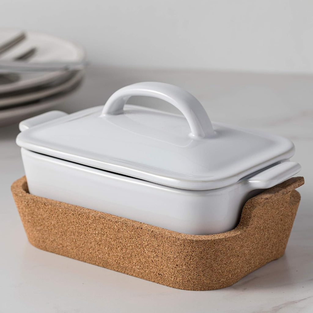 Casafina Ceramic 9.75' x 5.75' Oval Baker with Cork Tray - Ensemble Collection, White | Oven & Microwave Safe Bakeware | Food Safe Glazing | Restaurant Quality Dinnerware