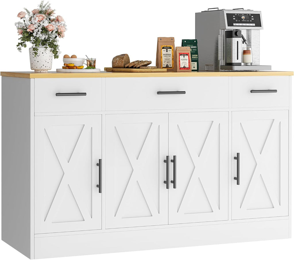 Vongrasig Buffet Cabinet with Storage, Farmhouse Coffee Bar Cabinet with Drawers, 53' Large Modern Sideboard Buffet with Adjustable Shelves for Kitchen, Dining Room, White