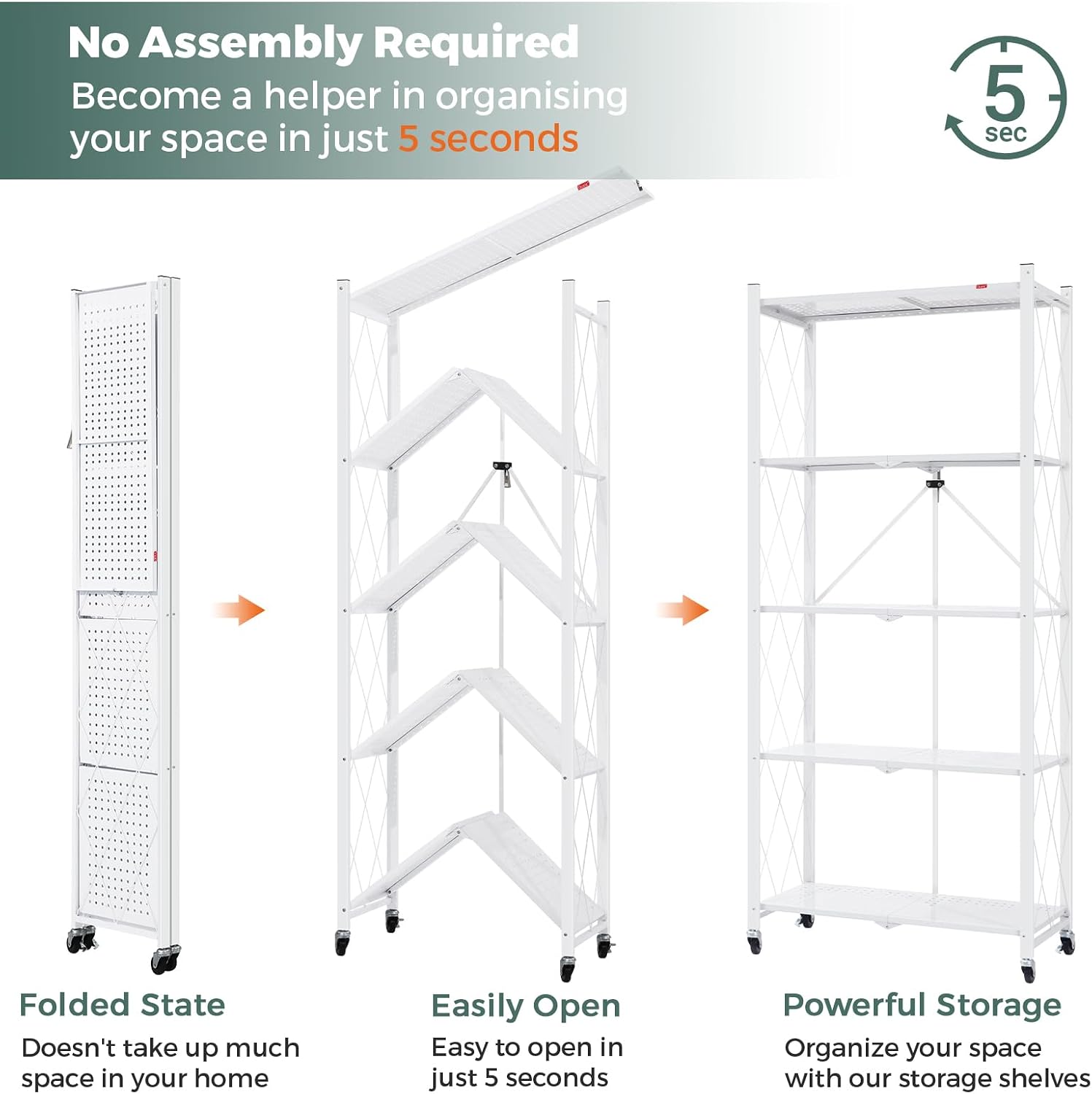 DEANIC 5 Tier Foldable Storage Shelves with Wheels, Large Capacity Shelving Unit, Freestanding Metal Wire Shelf Rack, No Assembly Organizer Rack for Garage Kitchen, Basement, Pantry White,3 Pack