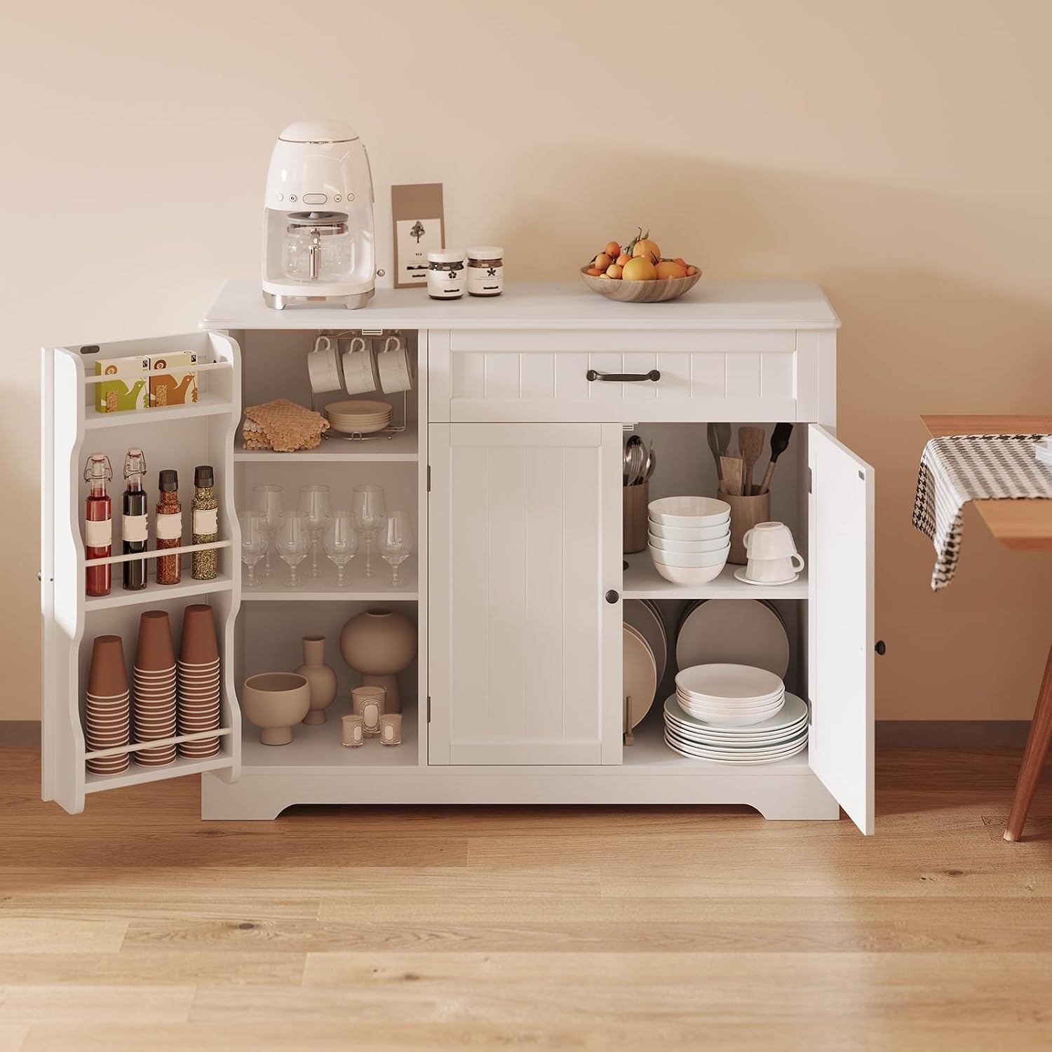 Gizoon Kitchen Coffee Bar Cabinet with Storage Kitchen Sideboard Buffet Cabinet with Drawers, Short Pantry with Door and Shelves for Bathroom and Living Room, White, Painted