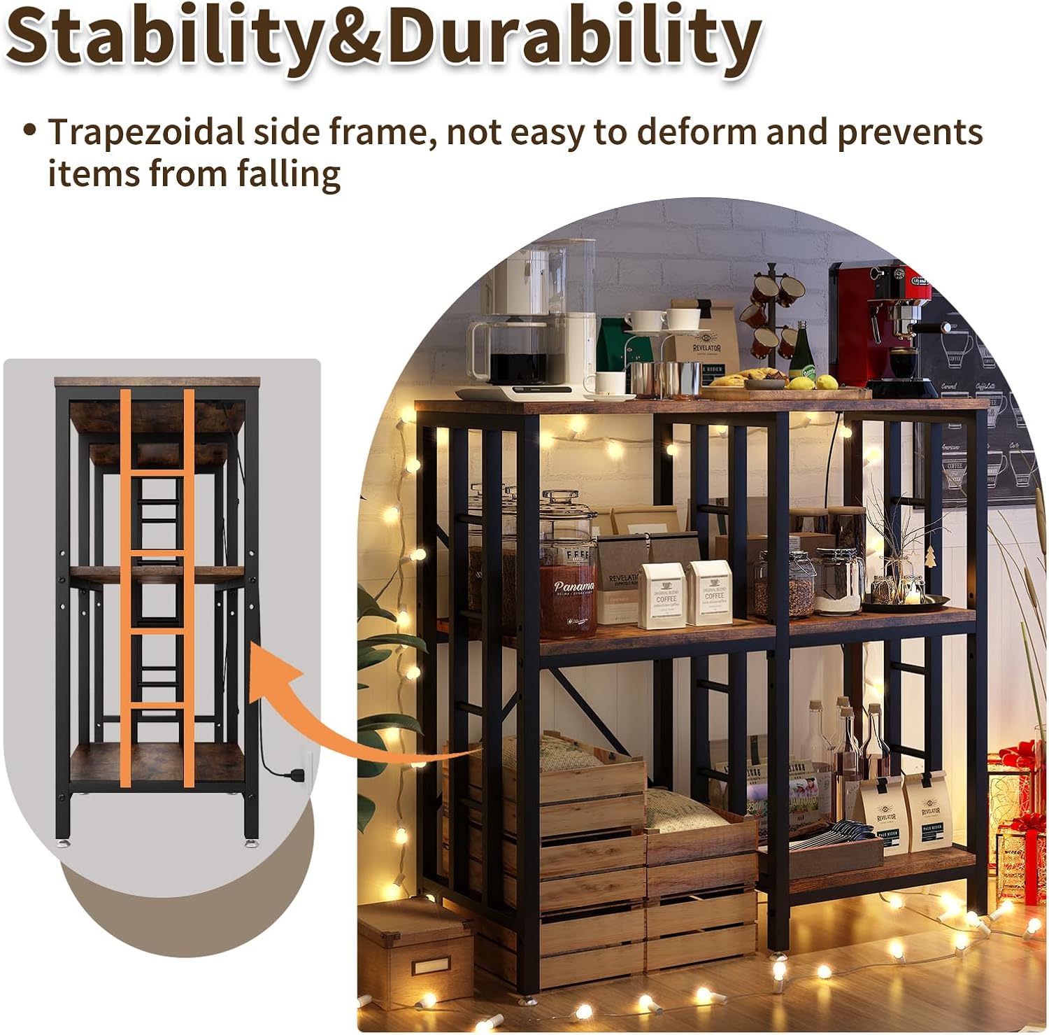 METYERRY Adjustable Kitchen Bakers Rack with Power Outlet,4-Tier Microwave Stand Kitchen Cart,Mini Fridge Stand with Storage,Bar Cabinet,Suitable for Office,Coffee Bar,Living Room,Patio,Rustic Brown