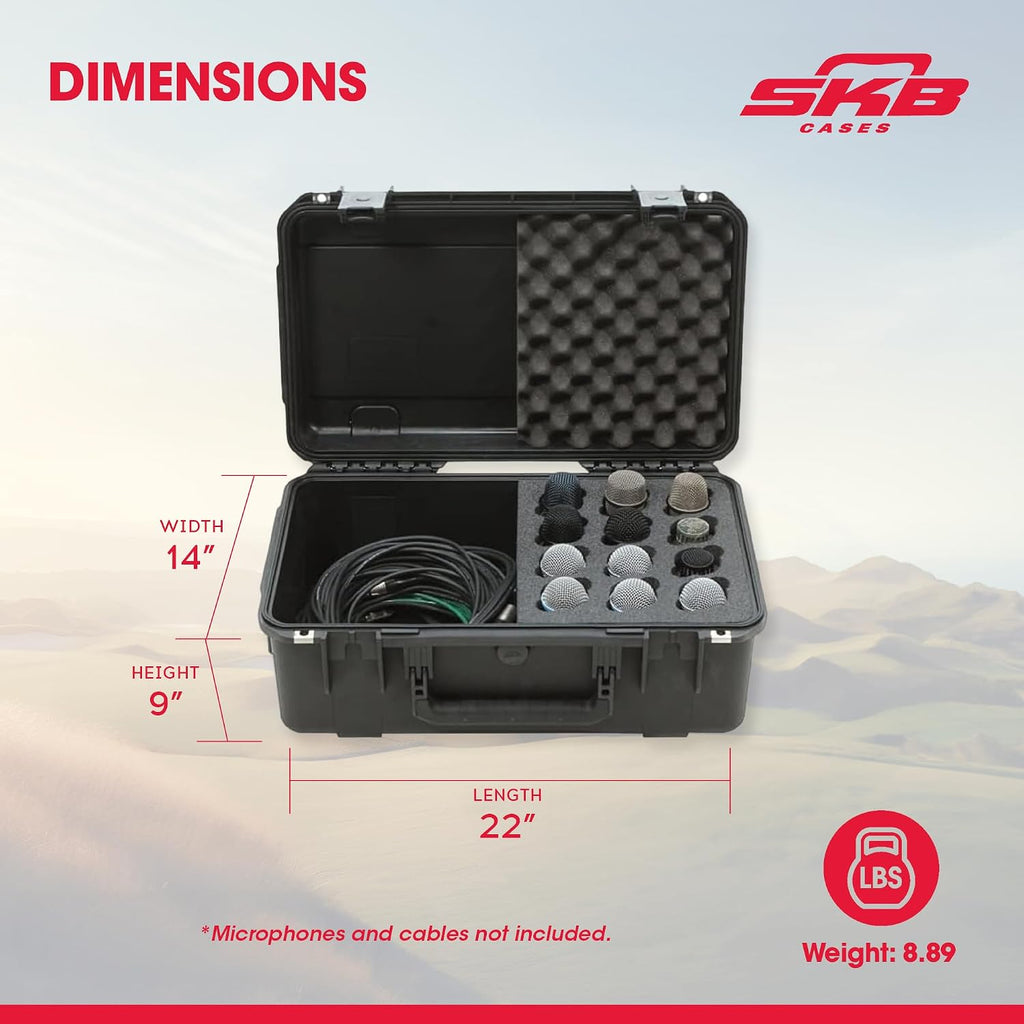 SKB iSeries Microphone Hard Case, Waterproof Polypropylene Shell with 12-Slot Foam Interior and Cable Storage for Mic System Protection