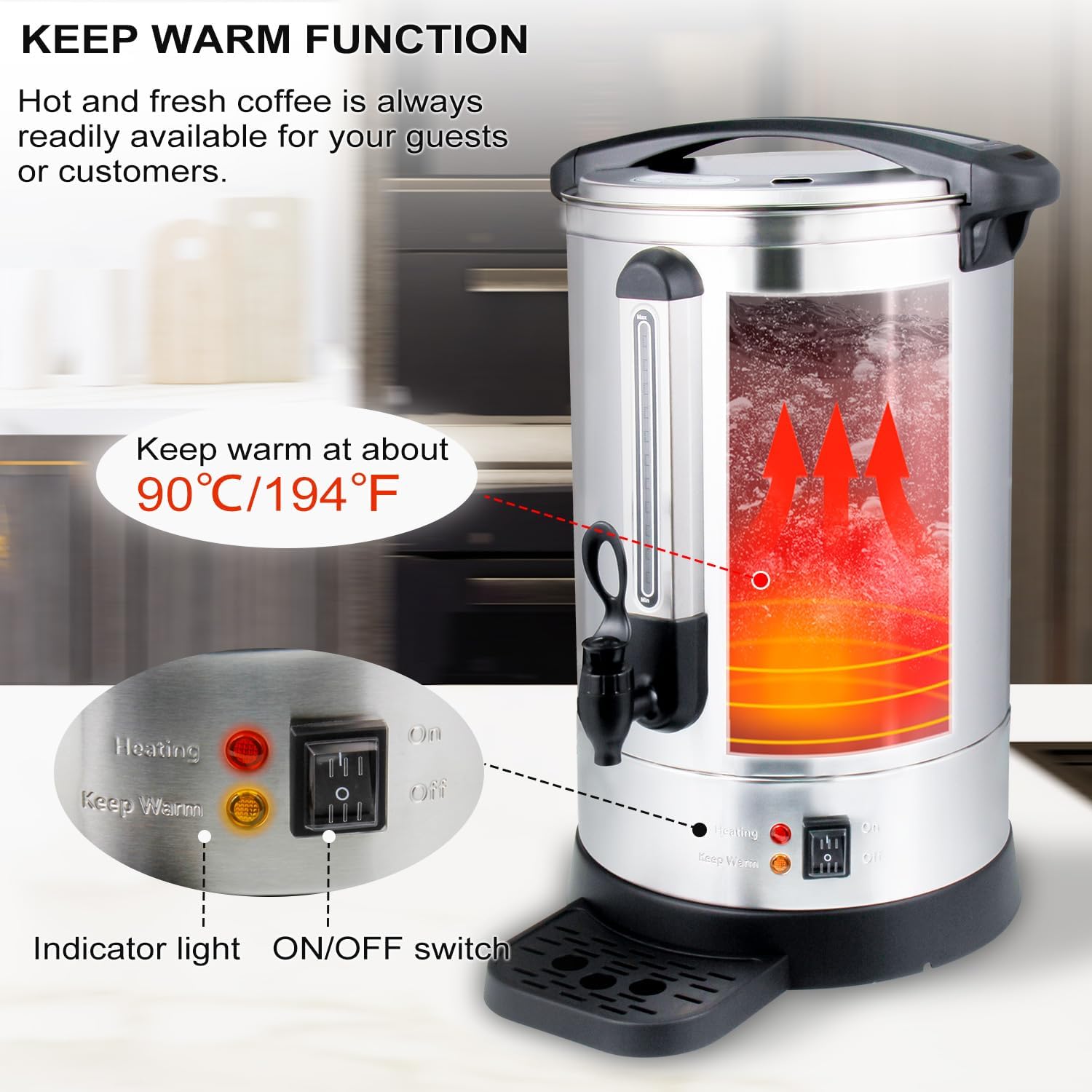 APOXCON Coffee Urn Commercial Grade Coffee Maker Double Wall Stainless Steel Large Hot Water Urn, 1500W Quick Brew Coffee Percolator Electric with Keep Warm Function, 100-Cup 14 L