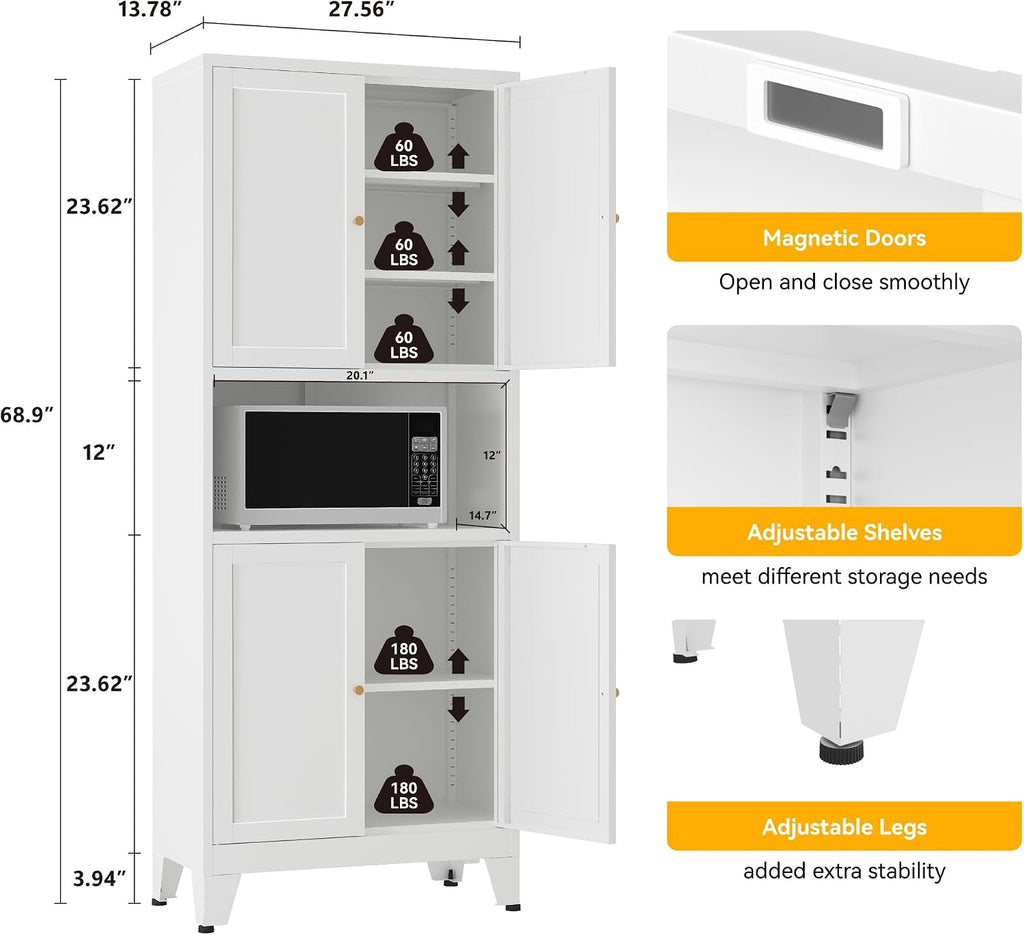 YAUWOH 69' Tall Metal Kitchen Pantry Cabinet with Microwave Shelf, 4 Doors & 3 Adjustable Shelves, Heavy Duty Food Storage Cabinet with Anti-Tip Design for Kitchen,Dining Room (1PC,White)