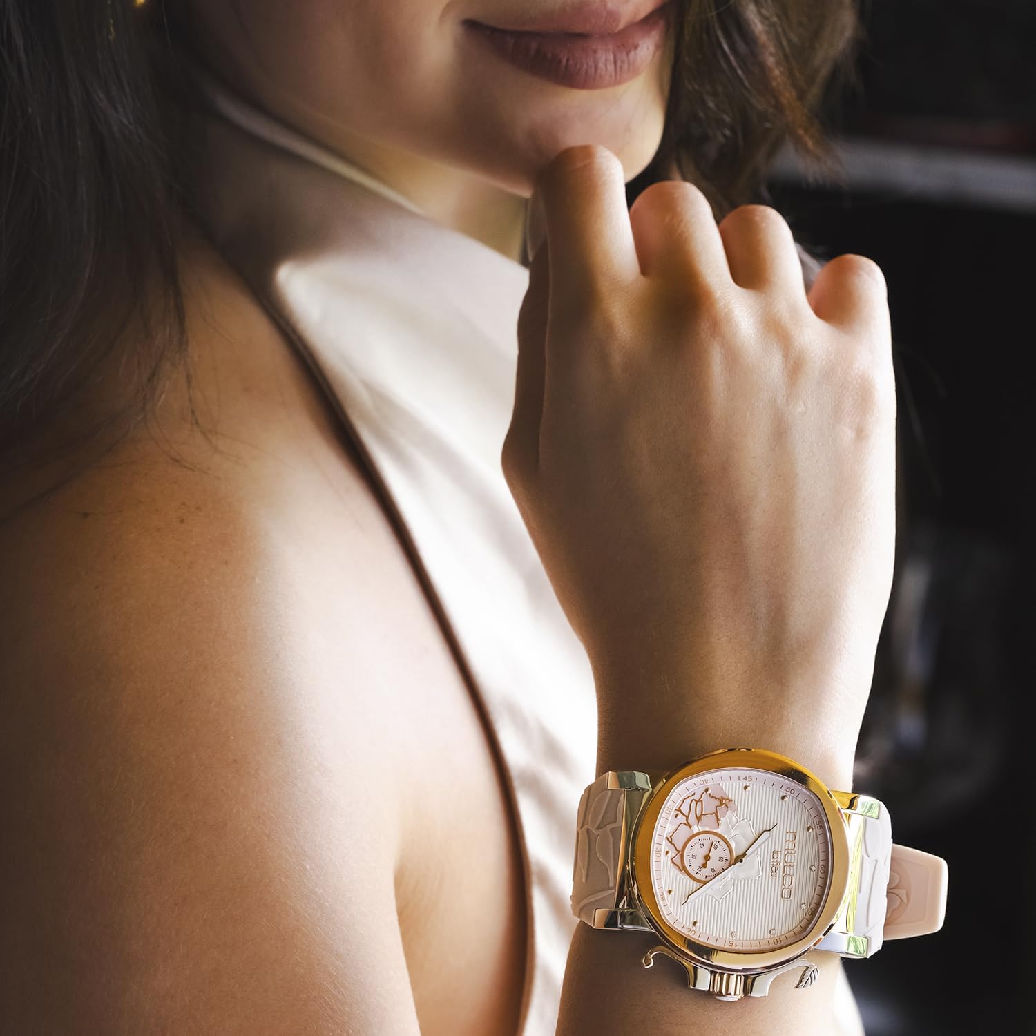 MULCO Le Fleur Gardenia Women's Watch – 43 mm Stainless-Steel Case, Rose-Gold Bezel, Mother-of-Pearl Dial with Crystal Accents, Pure Silicone Strap, Quartz Multifunction Movement, 10 ATM Waterproof