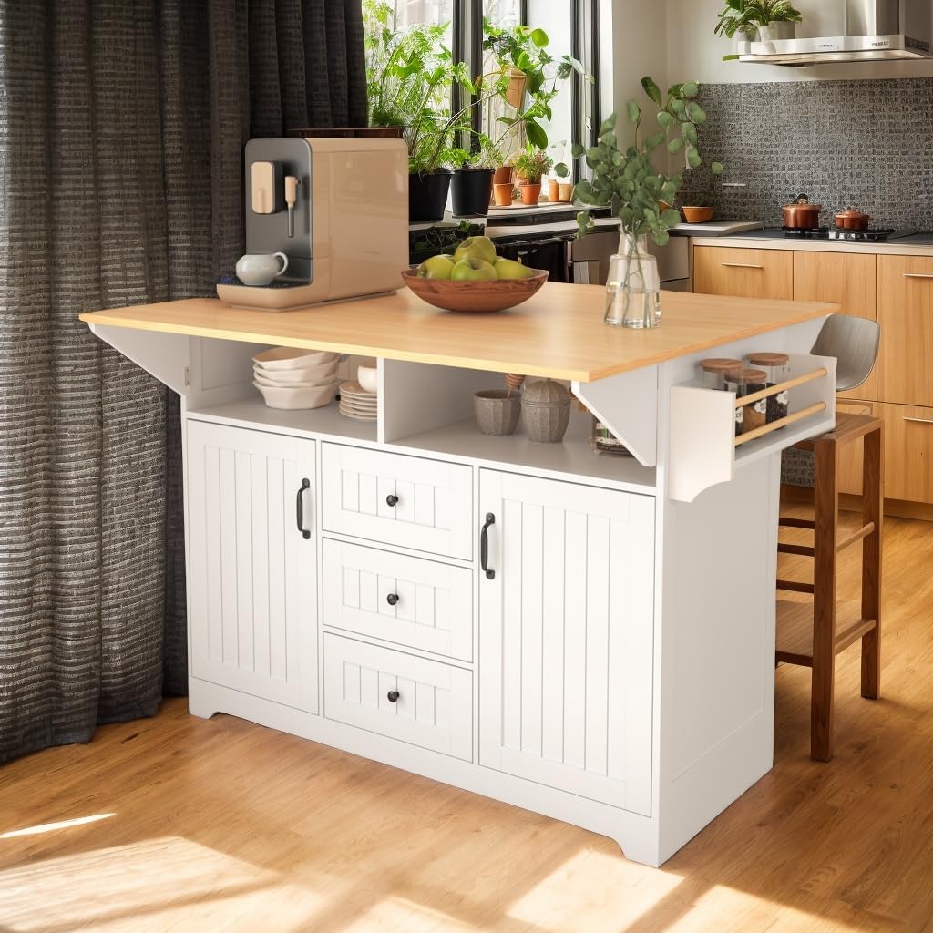 Kitchen Island with 2 Drop Leaf, Home Cart Island on Wheels Foldable Dining Table with Power Outlets,3 Drawers,Storage Cabinet, Tower Rack(White)