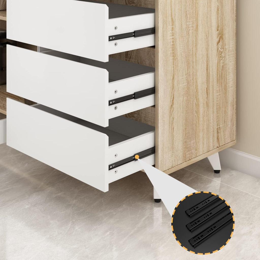 AGOTENI Large Kitchen Hutch Cabinet, Storage Cupboard Pantry with 4 Glass Doors, 4 Drawers & Microwave Shelf, for Kitchen Open Storage, White/Oak (63' W x 15.7' D x 74.8' H)
