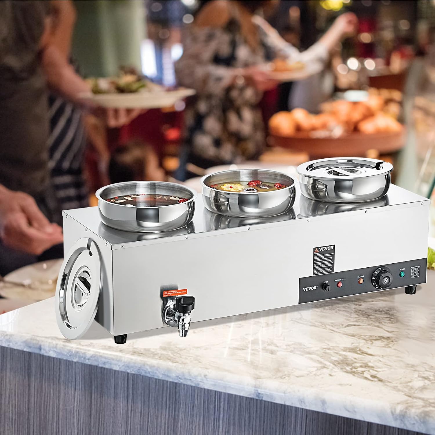 ETL Listed VEVOR Electric Soup Warmer, Three 7.4QT Stainless Steel Round Pot 86~185°F Adjustable Temp, 1200W Commercial Bain Marie with Anti-Dry Burn, Soup Station for Restaurant, Buffet, Silver