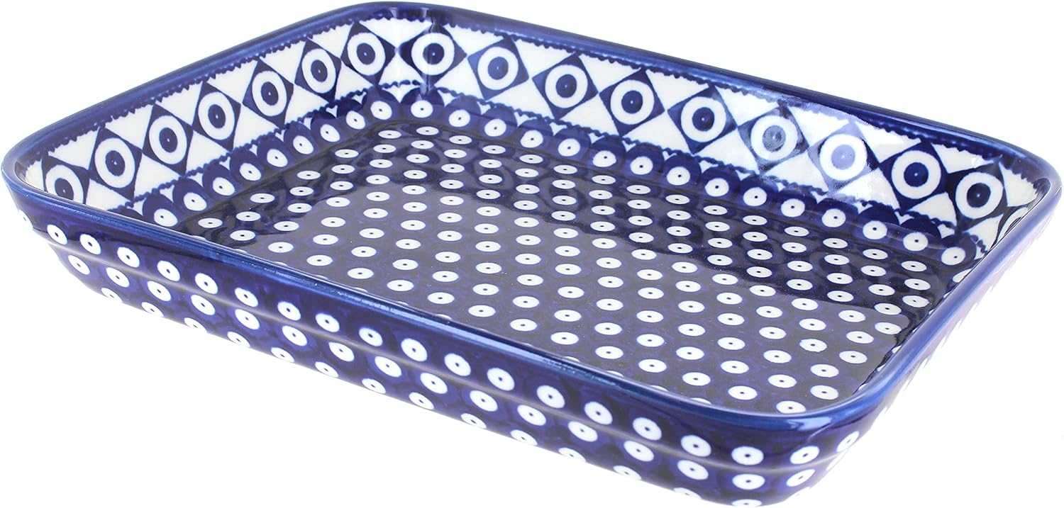 Blue Rose Polish Pottery - Blue Xandra Medium Rectangular Baker - 12' x 9.75' - Unique, Dishwasher Safe, & Durable Bakeware