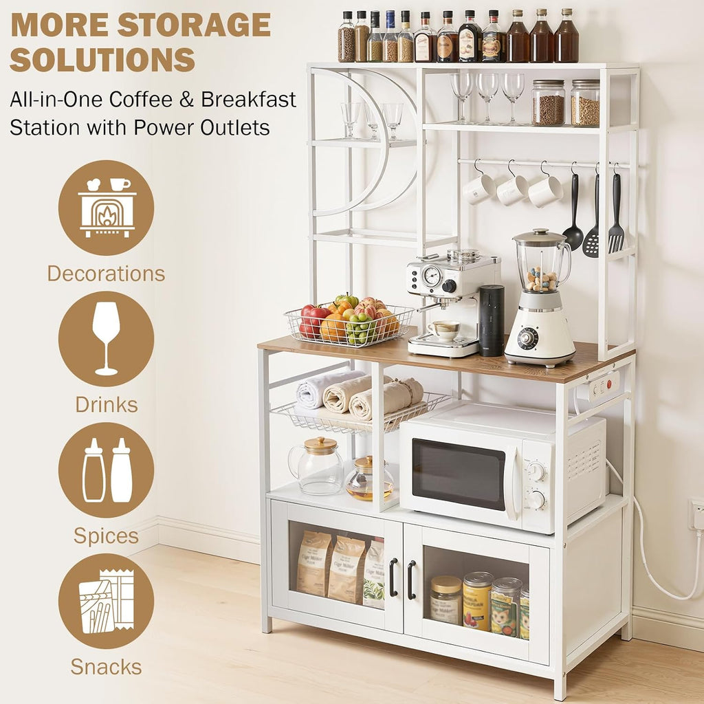 Uieke Bakers Rack with Power Outlet and Storage, Kitchen Bakers Rack with Cabinet & 10 Hooks, Coffee Bar Cabinet, Microwave Stand, 5 Tiers Kitchen Storage Rack for Dining Room & Small Spaces, White